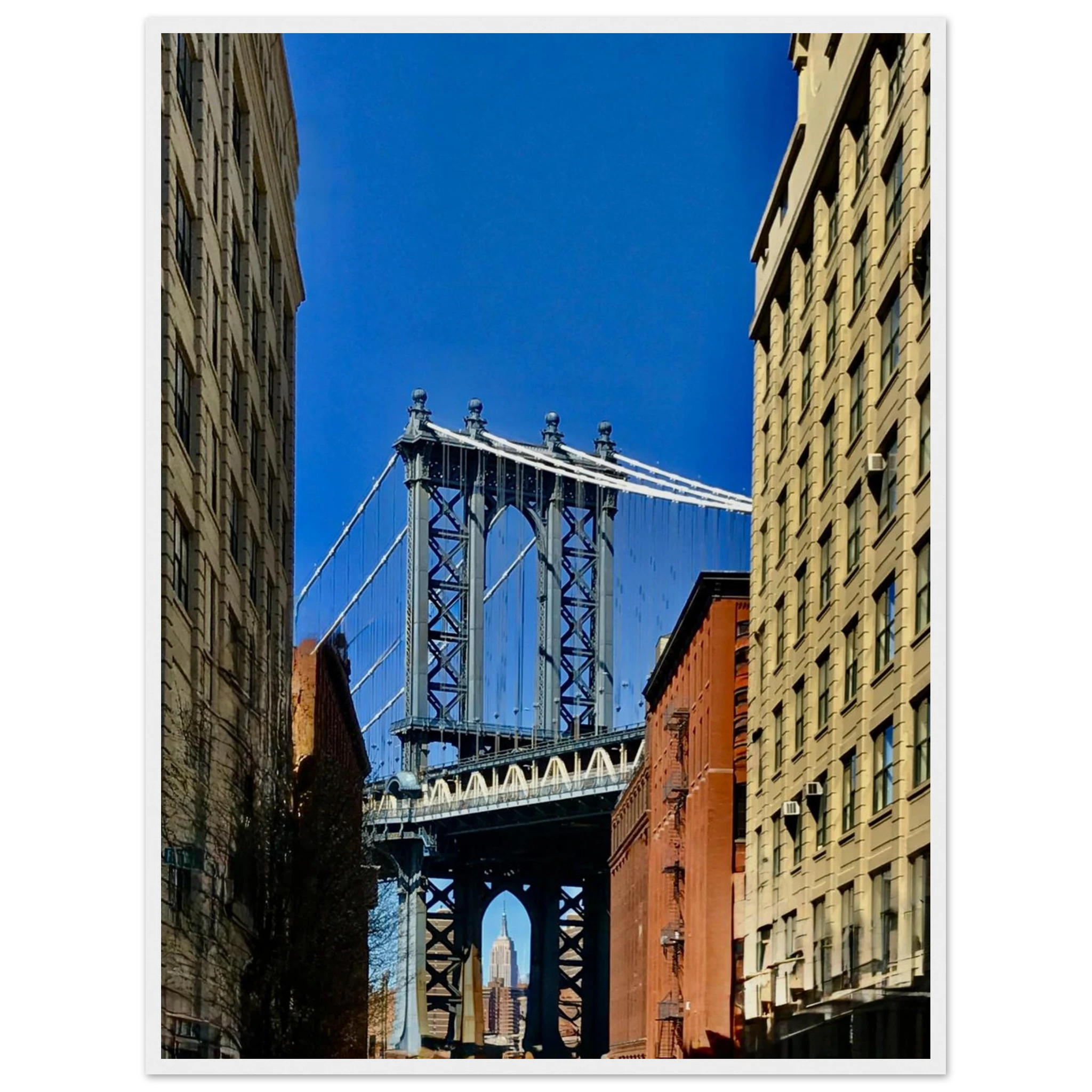 Wooden framed print of NYC Dumbo skyline featuring spring day scenery, part of CaliCuration's travel collection wall art.