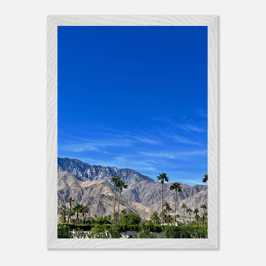 Premium wooden framed poster of a sunny fall day in Palm Springs, California, featuring vibrant outdoor scenery and warm autumn colors.