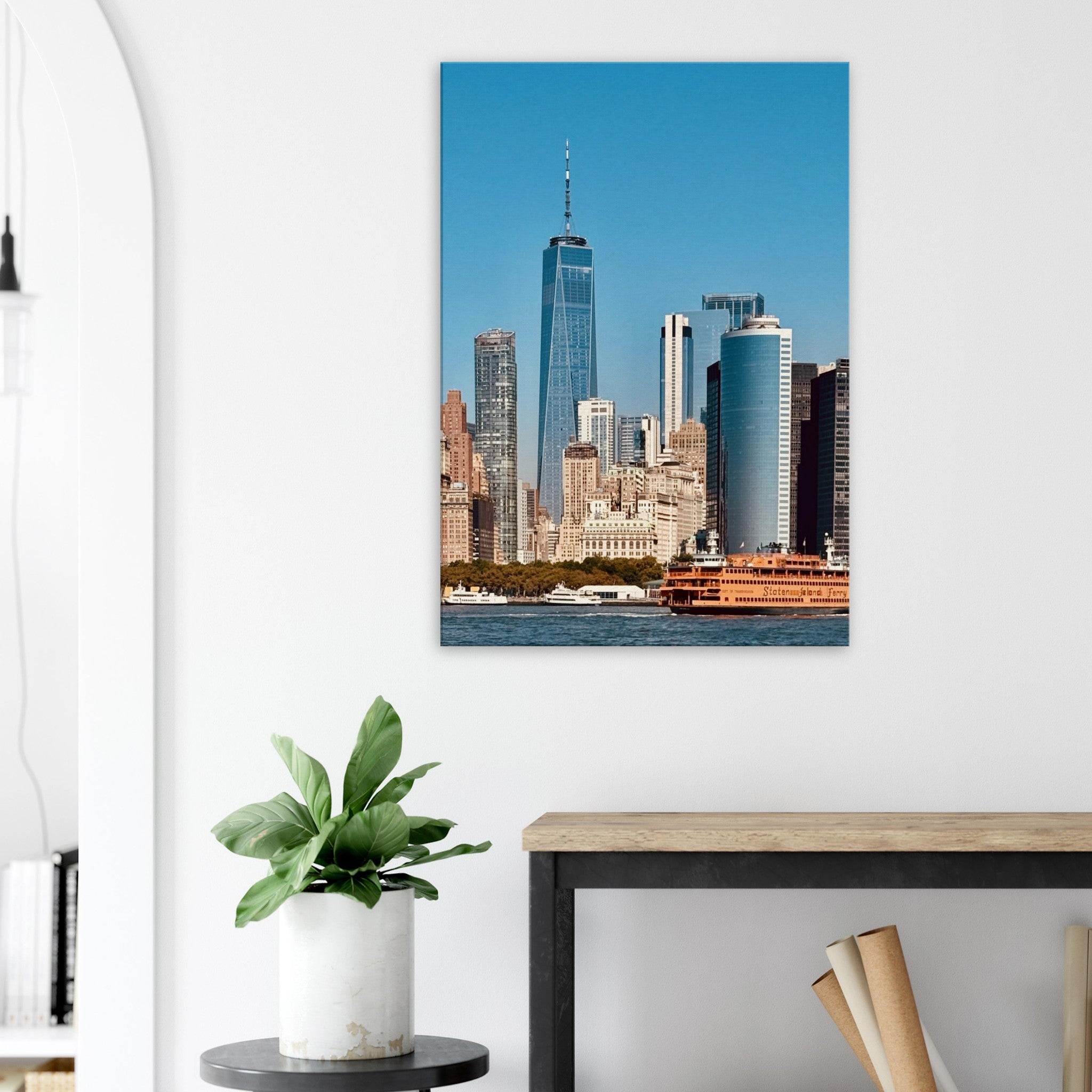 NYC skyline canvas print by My Store featuring the World Trade Center and Staten Island Ferry, part of the Travel Collection.