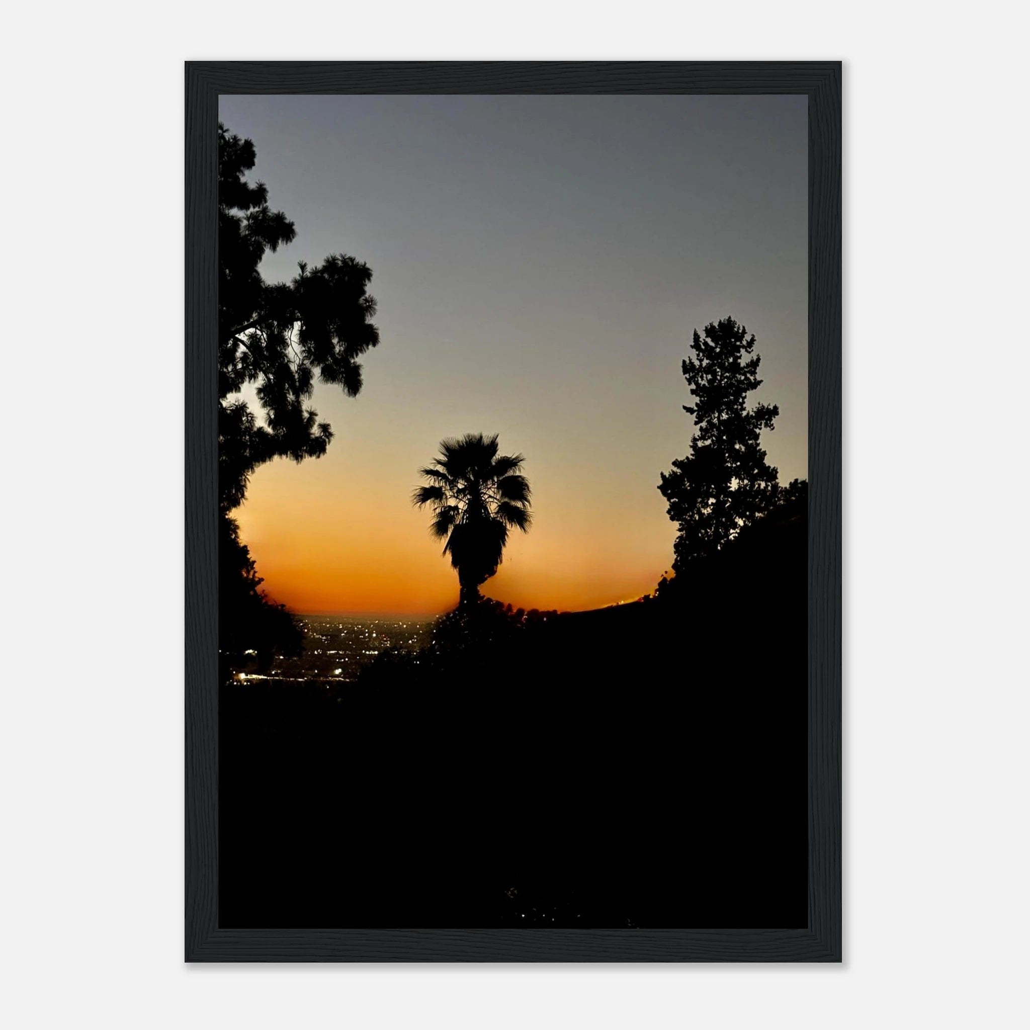 Winter Sunset Laurel Canyon Hollywood Hills framed poster showcasing California sunset landscape in Studio Edition print.