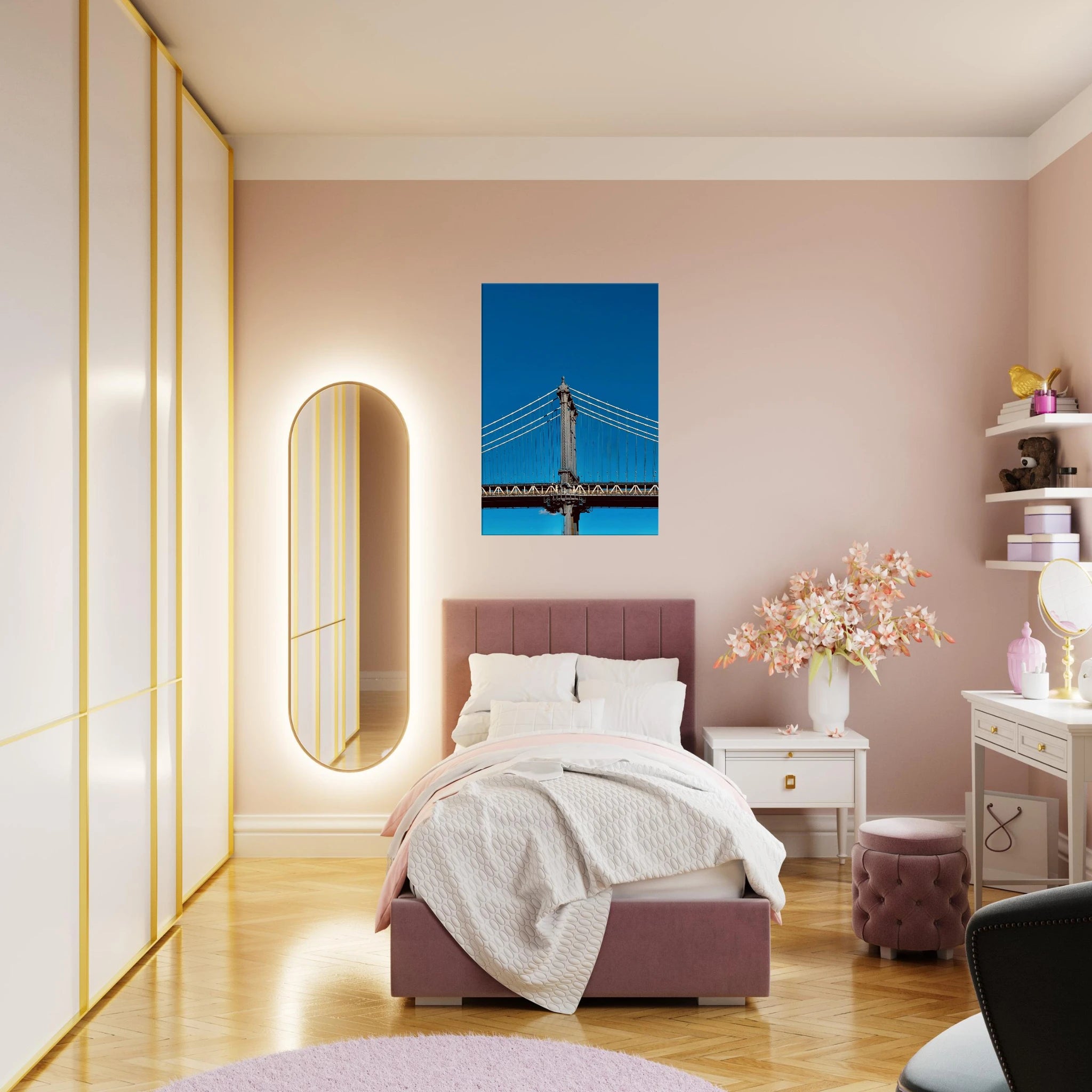 Sunny Winter Day canvas print featuring Manhattan Bridge in New York City, vibrant travel art for home decor.