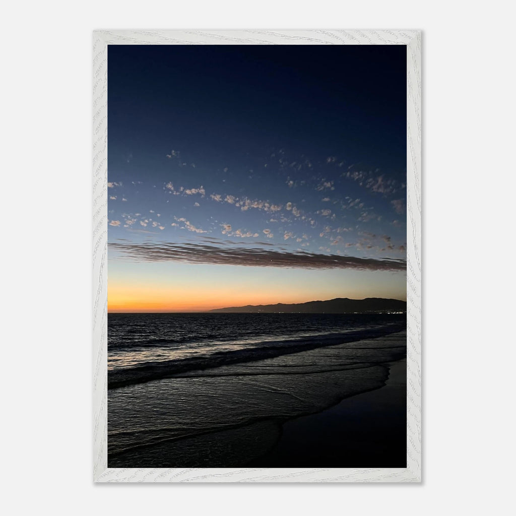Premium wooden framed SoCal fall sunset poster with vibrant artwork, mounted in a semi-gloss finish for home decor.