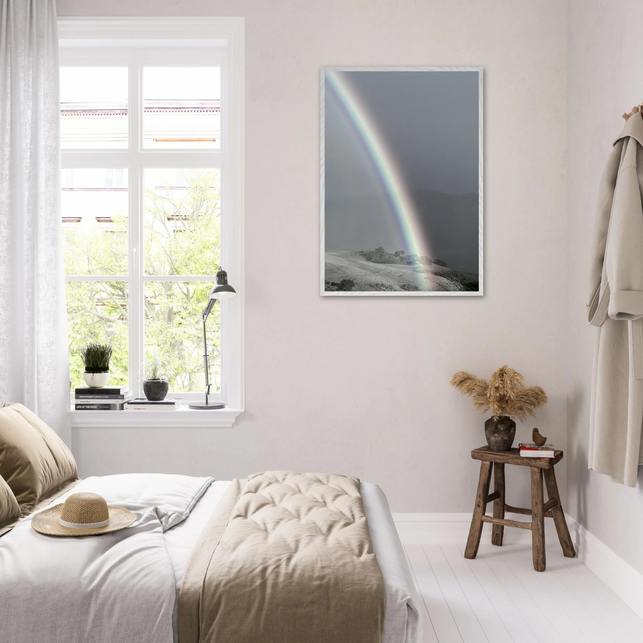 Black and white framed poster of a rainbow after a summer storm, part of the California Central Coast travel collection.