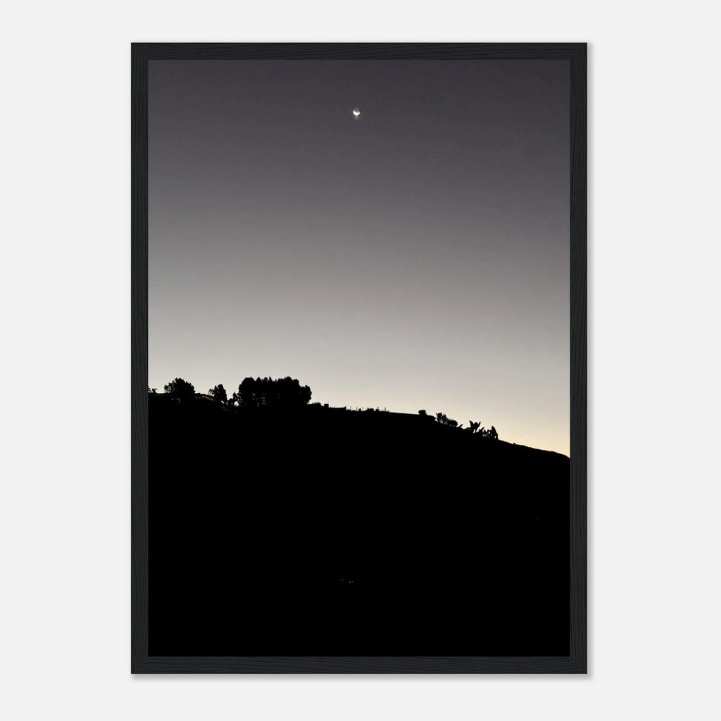 Wooden framed semi-glossy black and white poster of Hollywood Hills fall moon scene, California art print from the Studio Edition series.