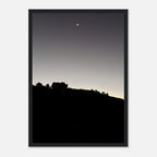Wooden framed semi-glossy black and white poster of Hollywood Hills fall moon scene, California art print from the Studio Edition series.