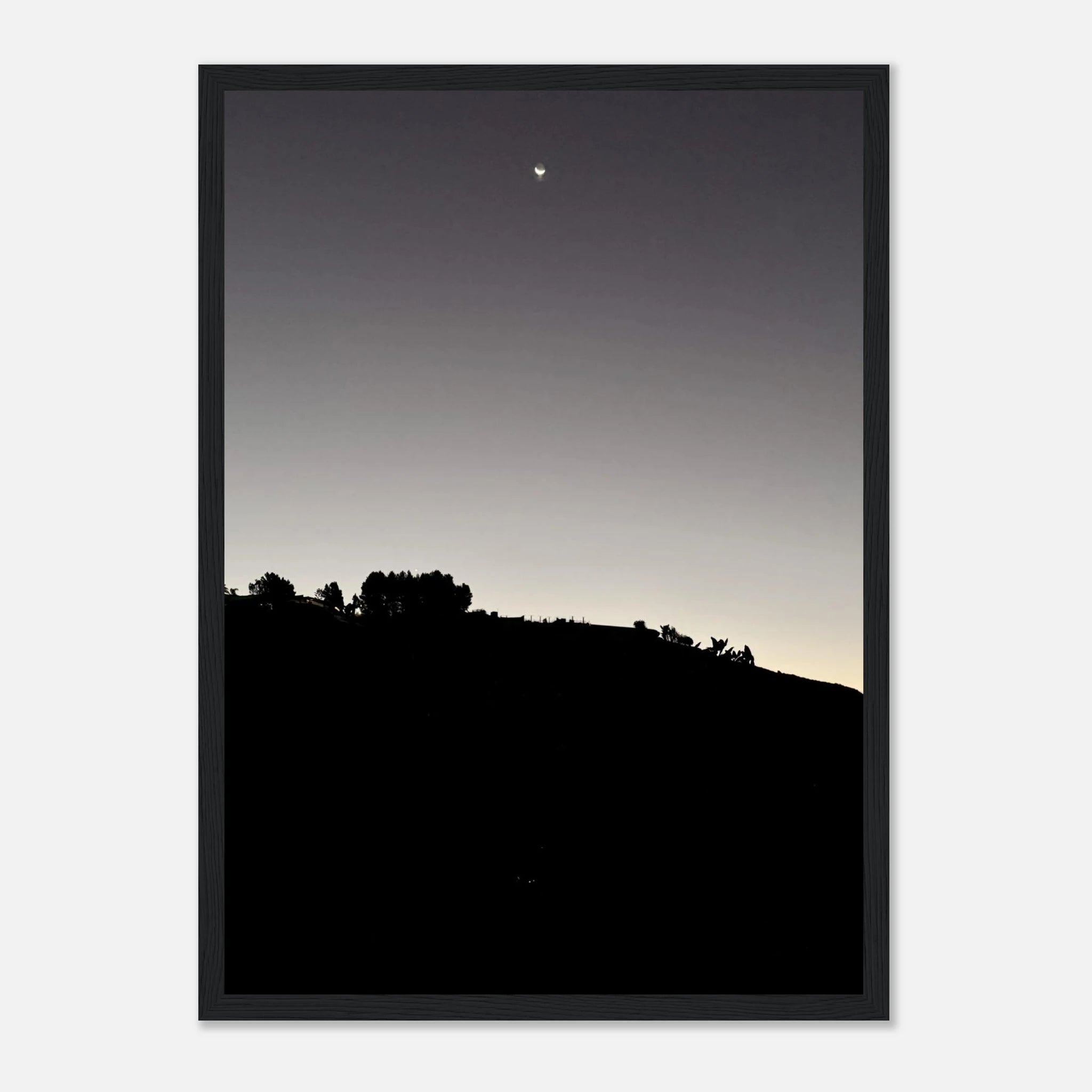 Wooden framed semi-glossy black and white poster of Hollywood Hills fall moon scene, California art print from the Studio Edition series.