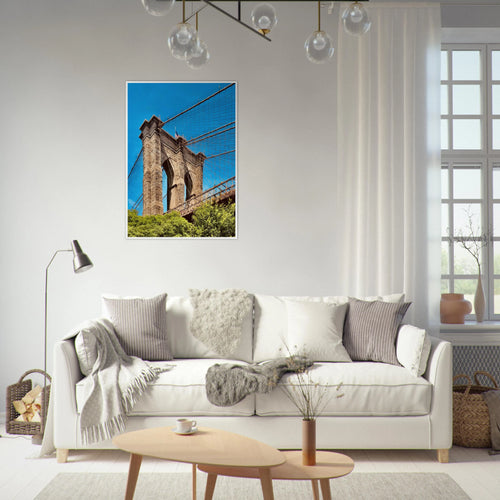 Framed Brooklyn Bridge poster featuring the DUMBO NYC skyline wall art, printed on high-quality material.