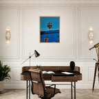 Oaxaca streets in Mexico canvas print featuring a palm tree in a blue frame from CaliCuration's travel collection, spring 2026 edition.