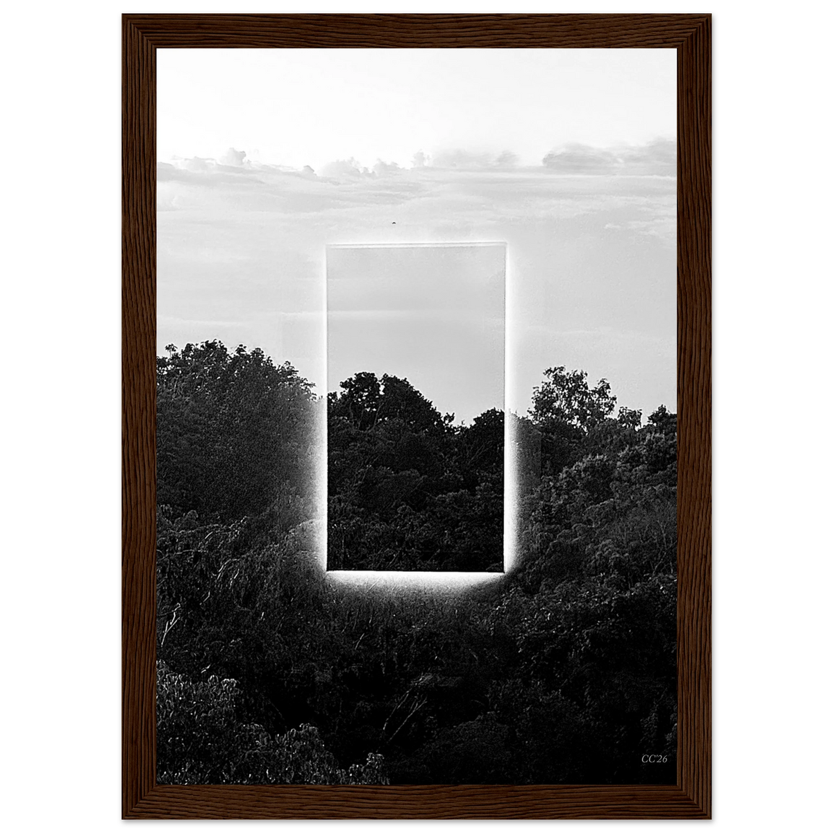 Black and white print titled "A Window into Jungle Stillness" by CaliCuration, showcasing a tranquil jungle scene in a minimalist style.