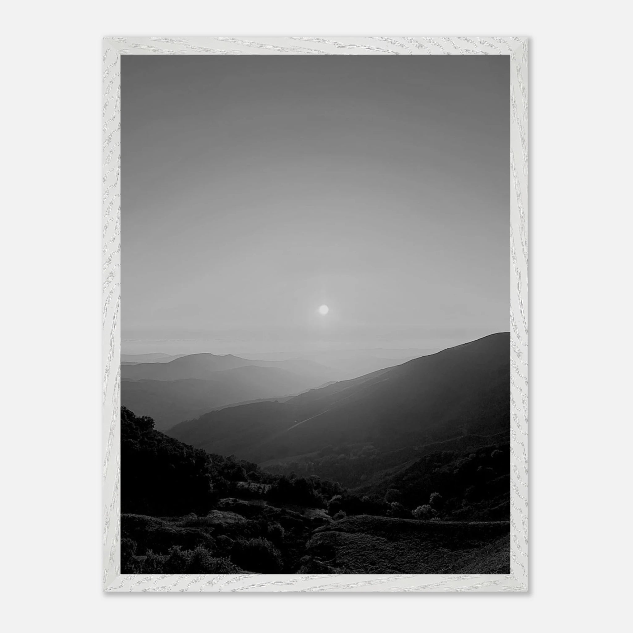 Black and white mounted framed poster of California Central Coast sunset from the Studio Edition travel collection, print material.