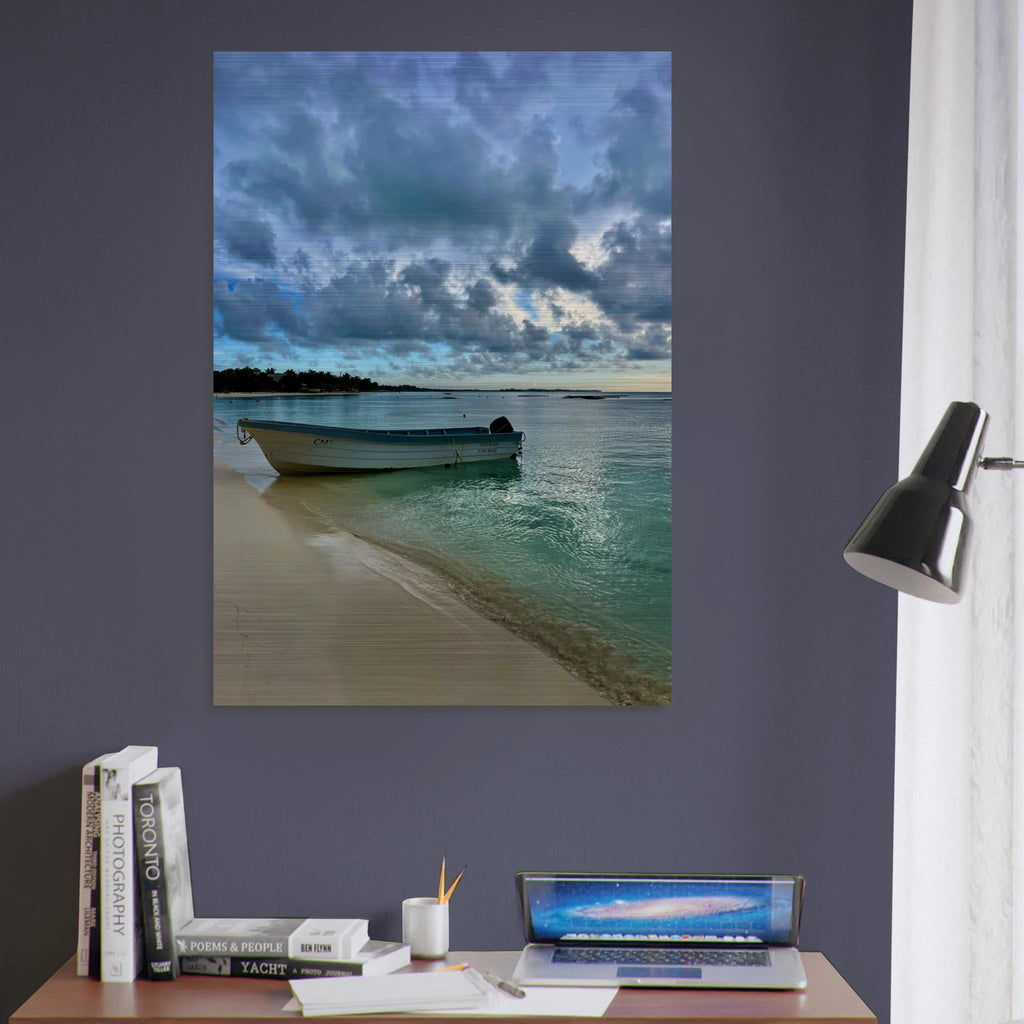 Brushed aluminum print of a tranquil Caribbean beach scene featuring a fisherboat, part of CaliCuration's Tulum travel collection.