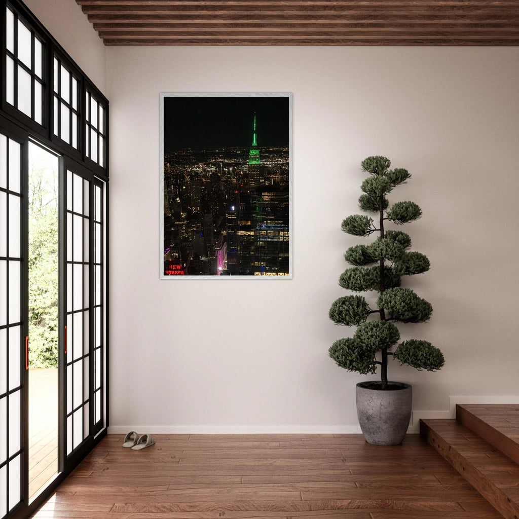 Wood mounted framed poster of NYC downtown night view featuring the Empire State Building, part of the Travel Collection Studio Edition.