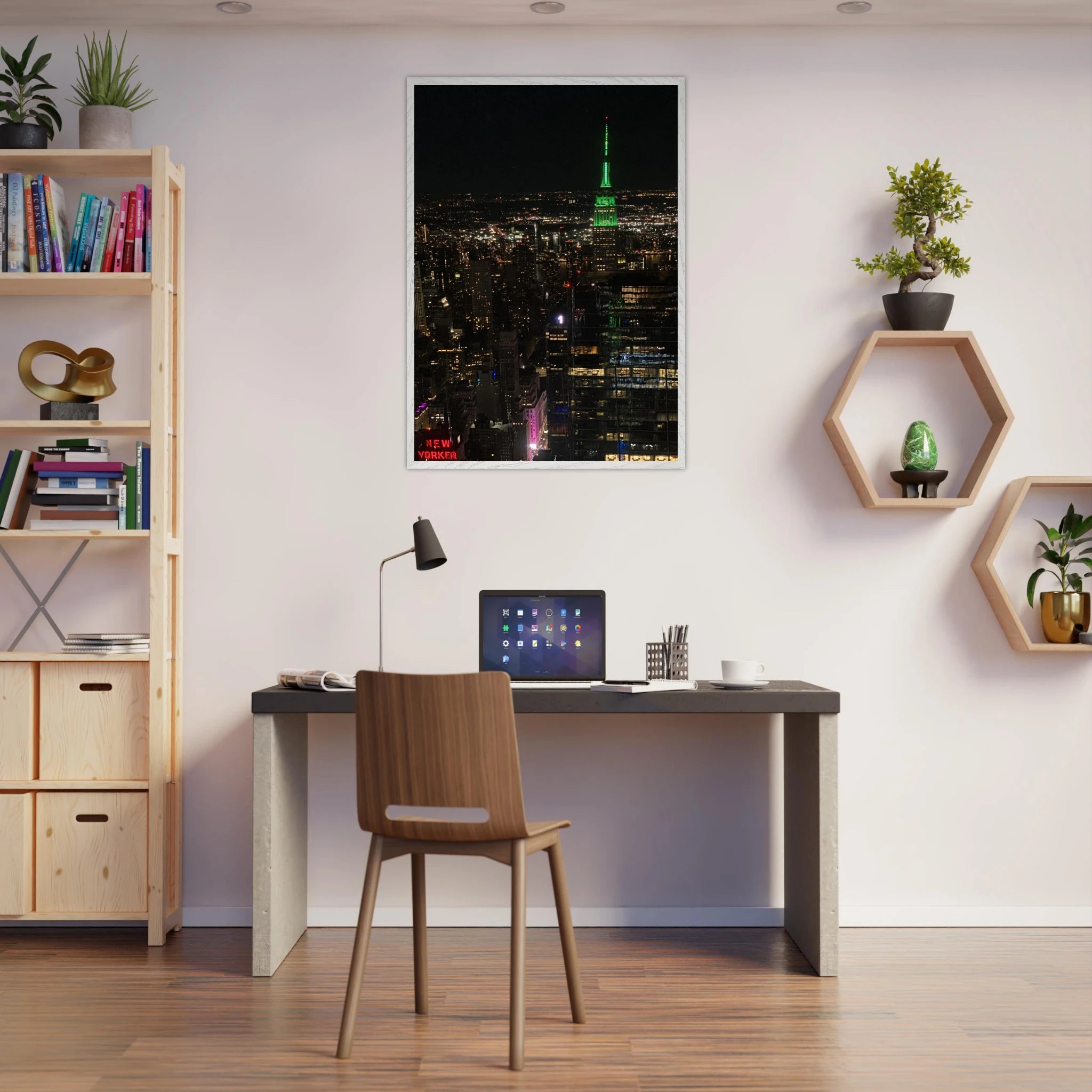 Wood mounted framed poster of NYC downtown night view with Empire State Building, part of the Studio Edition travel collection.