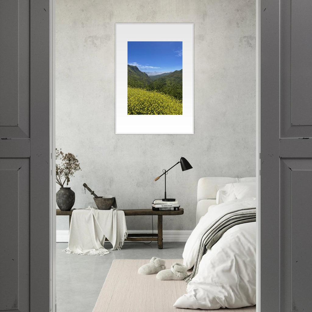 High-quality framed art print of Malibu Canyon in spring bloom wildflowers, showcasing vibrant California landscape artwork.
