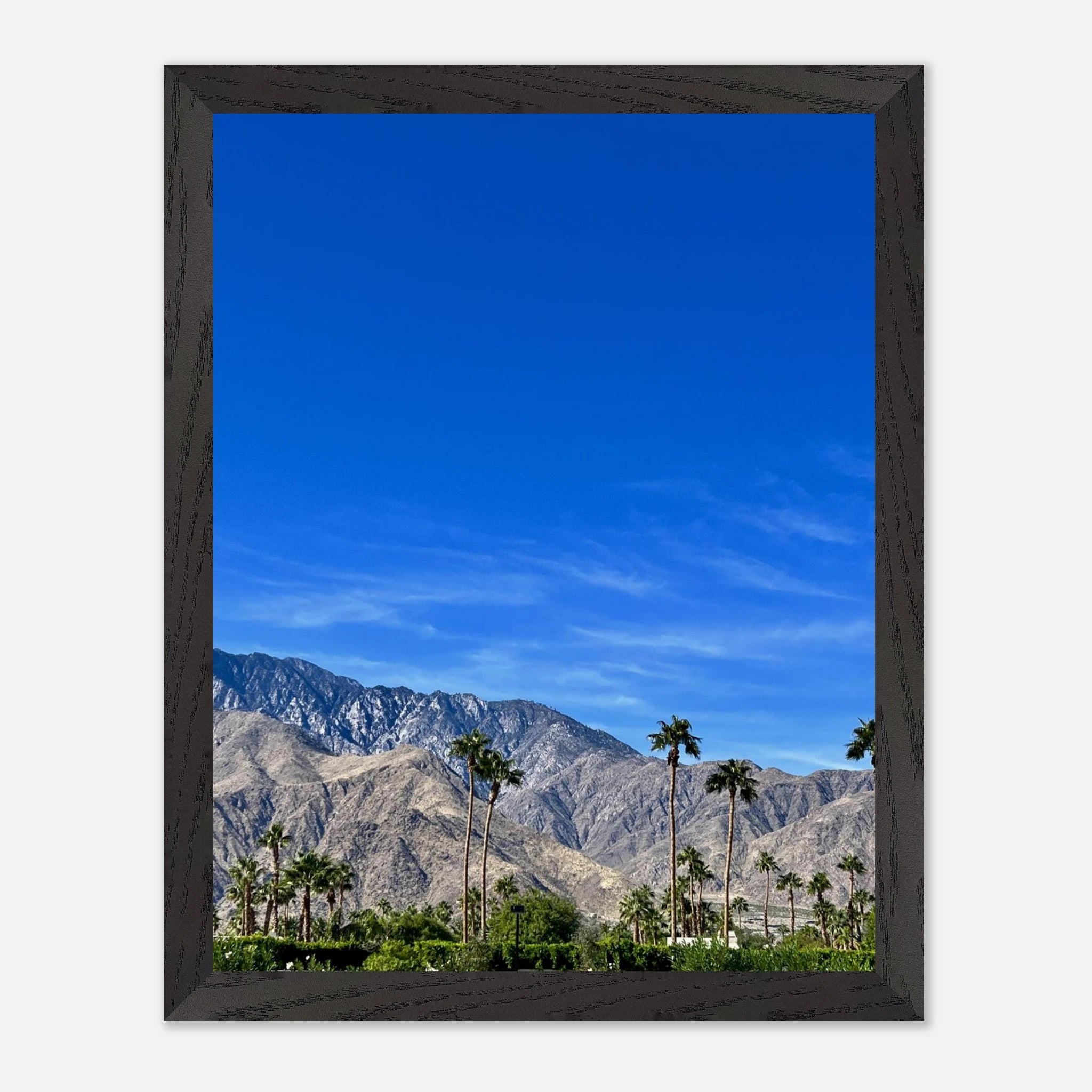 Premium wooden framed poster of a sunny fall day in Palm Springs California, featuring vibrant autumn landscape art.