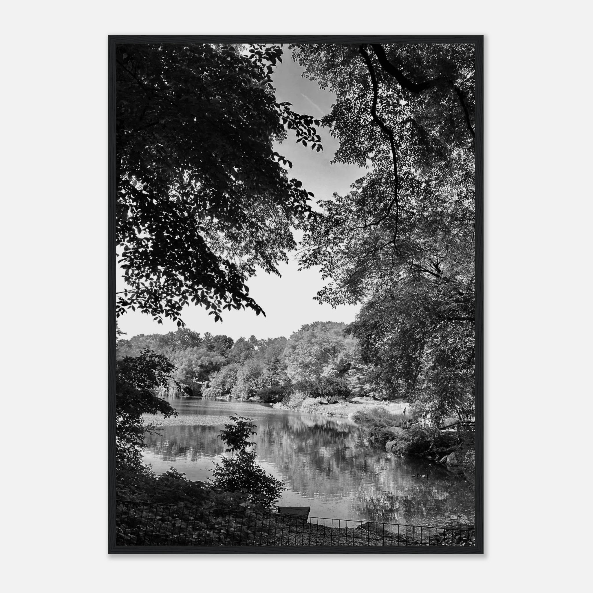 Black and white framed print of Upstate NY summer lake scene from the My Store Travel Collection, Studio Edition, Holiday 25.
