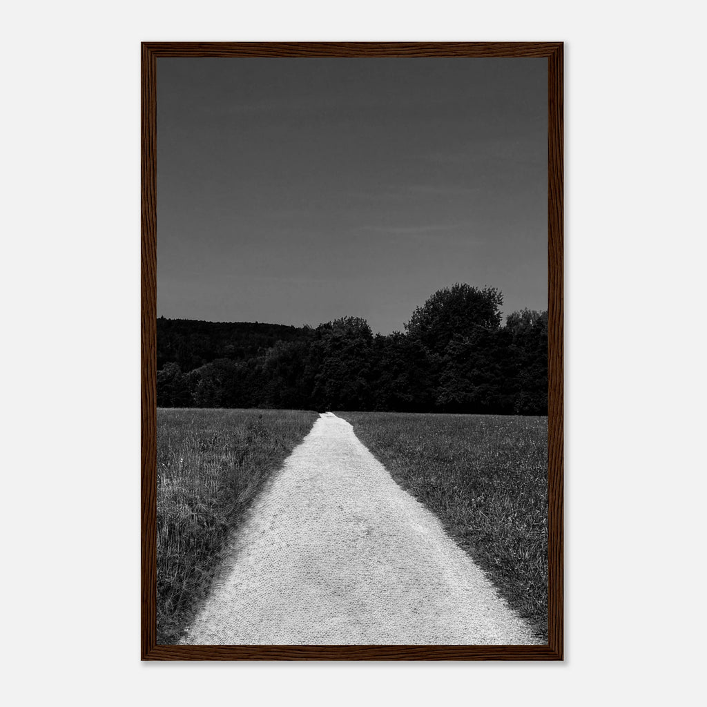 Black and white framed poster of a summer road scene from the Travel Collection, printed on premium semi-glossy paper.