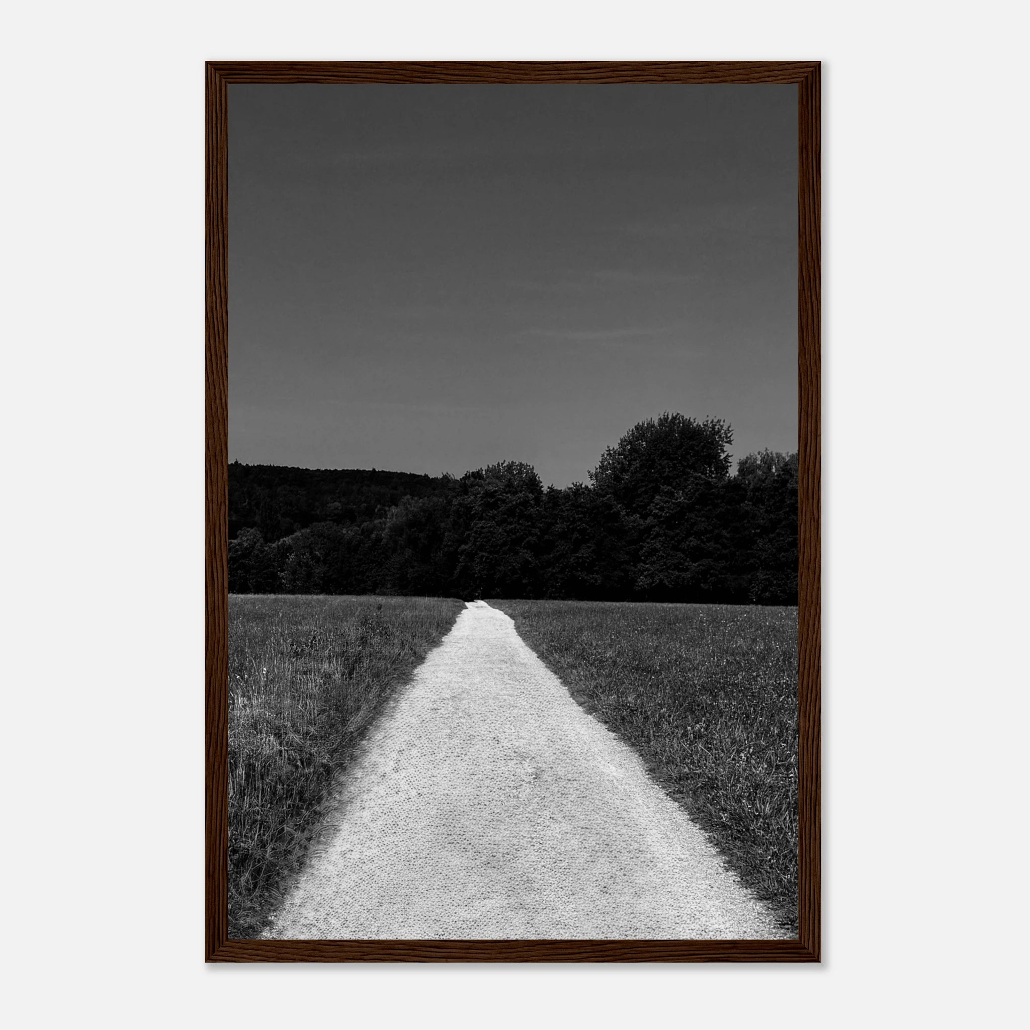 Black and white framed poster of a summer road scene from the Travel Collection, printed on premium semi-glossy paper.