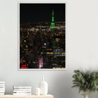 Premium wood-mounted framed poster of NYC Downtown Night View with Empire State Building, part of the Studio Edition Travel Collection.