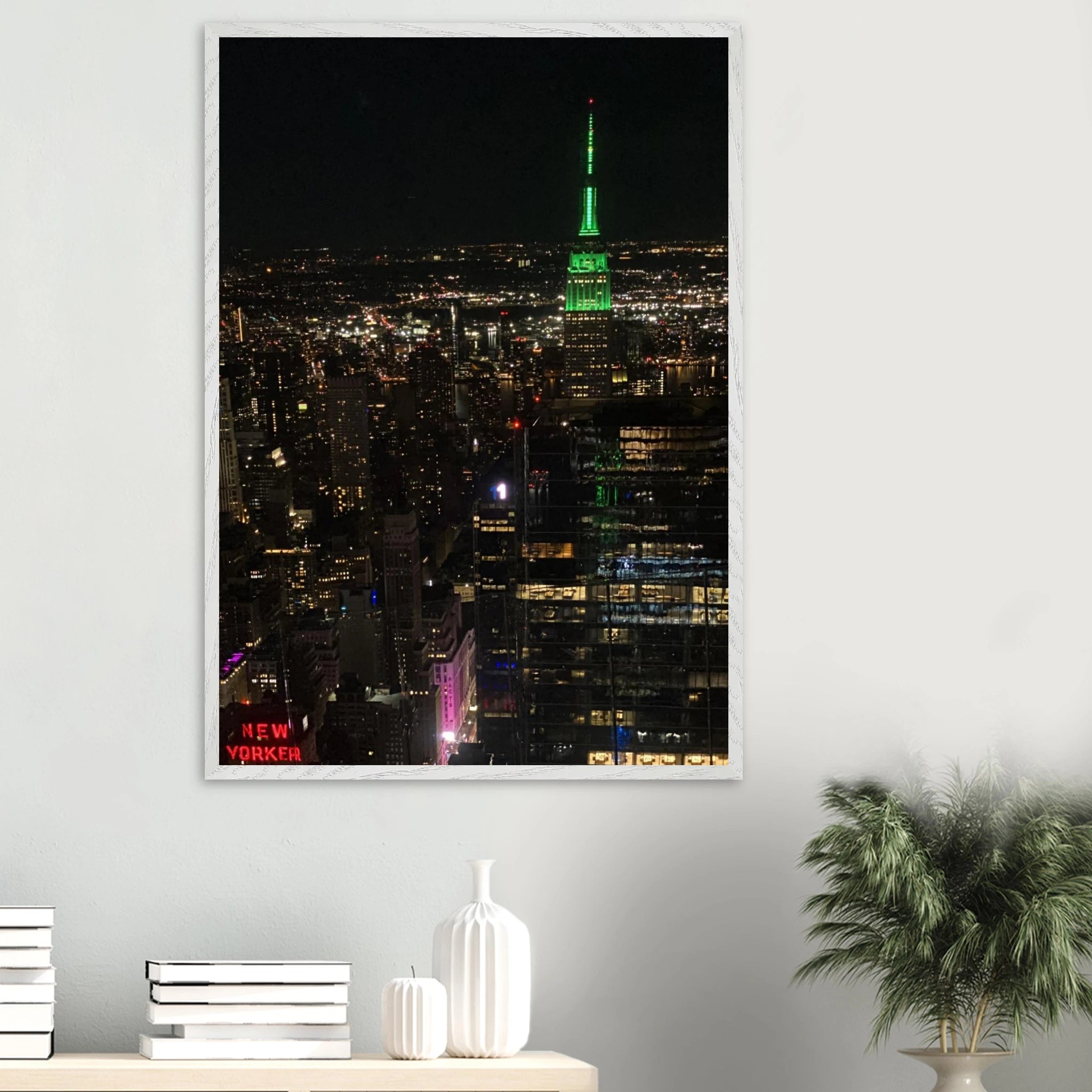 Premium wood-mounted framed poster of NYC Downtown Night View with Empire State Building, part of the Studio Edition Travel Collection.