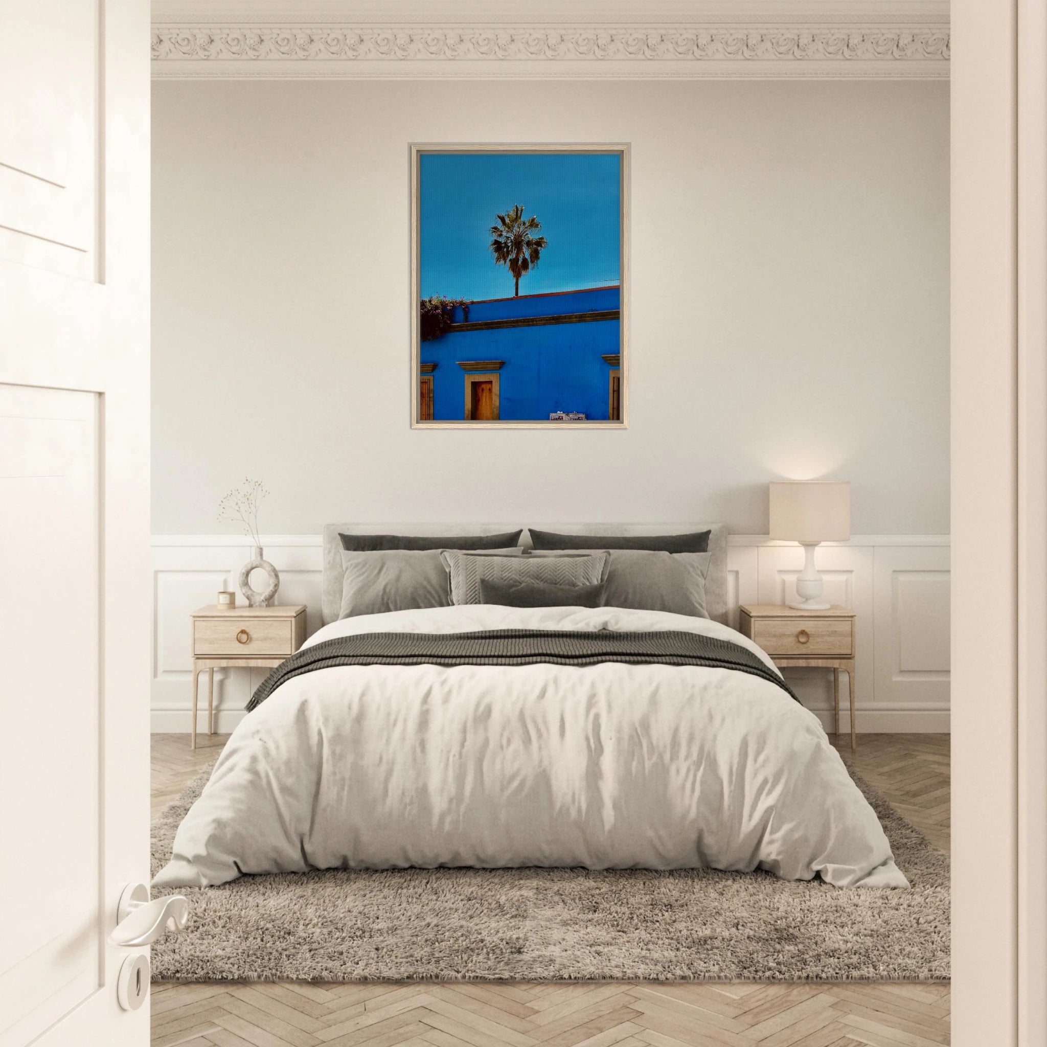 Oaxaca streets with palm trees in blue frame canvas print by CaliCuration, part of the Mexico travel collection, Spring 2026 edition.