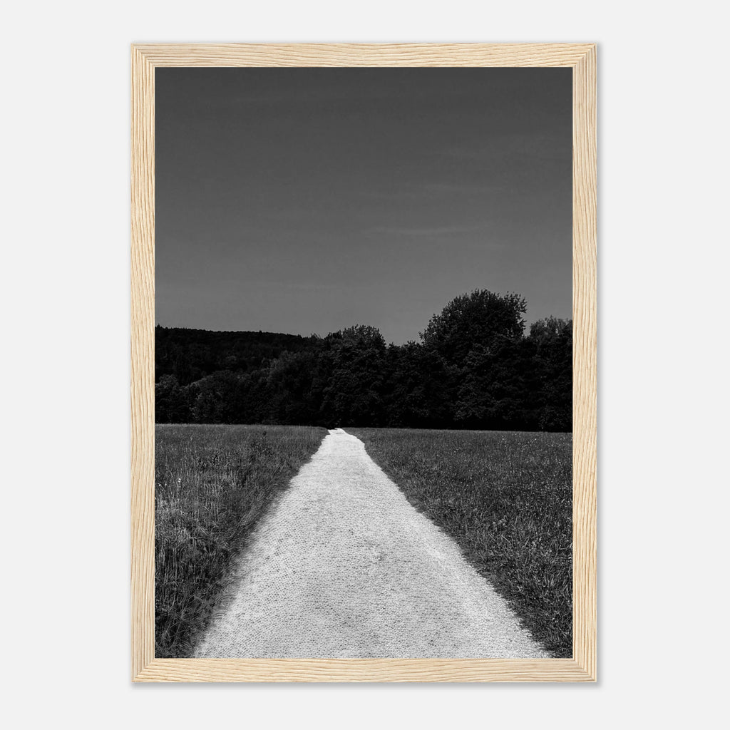 Black and white framed poster of a summer road scene from the Travel Collection, printed on semi-glossy paper, Studio Edition.