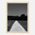 Black and white framed poster of a summer road scene from the Travel Collection, printed on semi-glossy paper, Studio Edition.