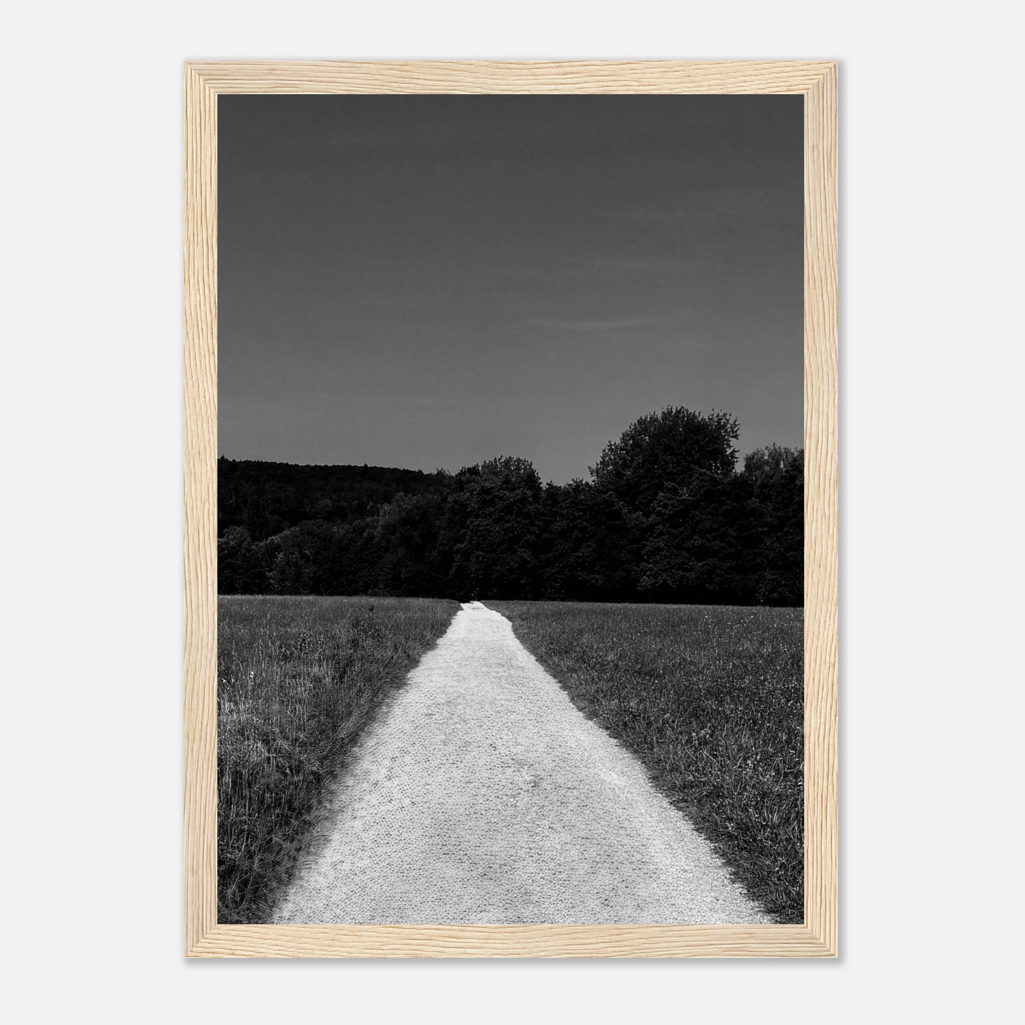 Black and white framed poster of a summer road scene from the Travel Collection, printed on semi-glossy paper with a wooden frame.