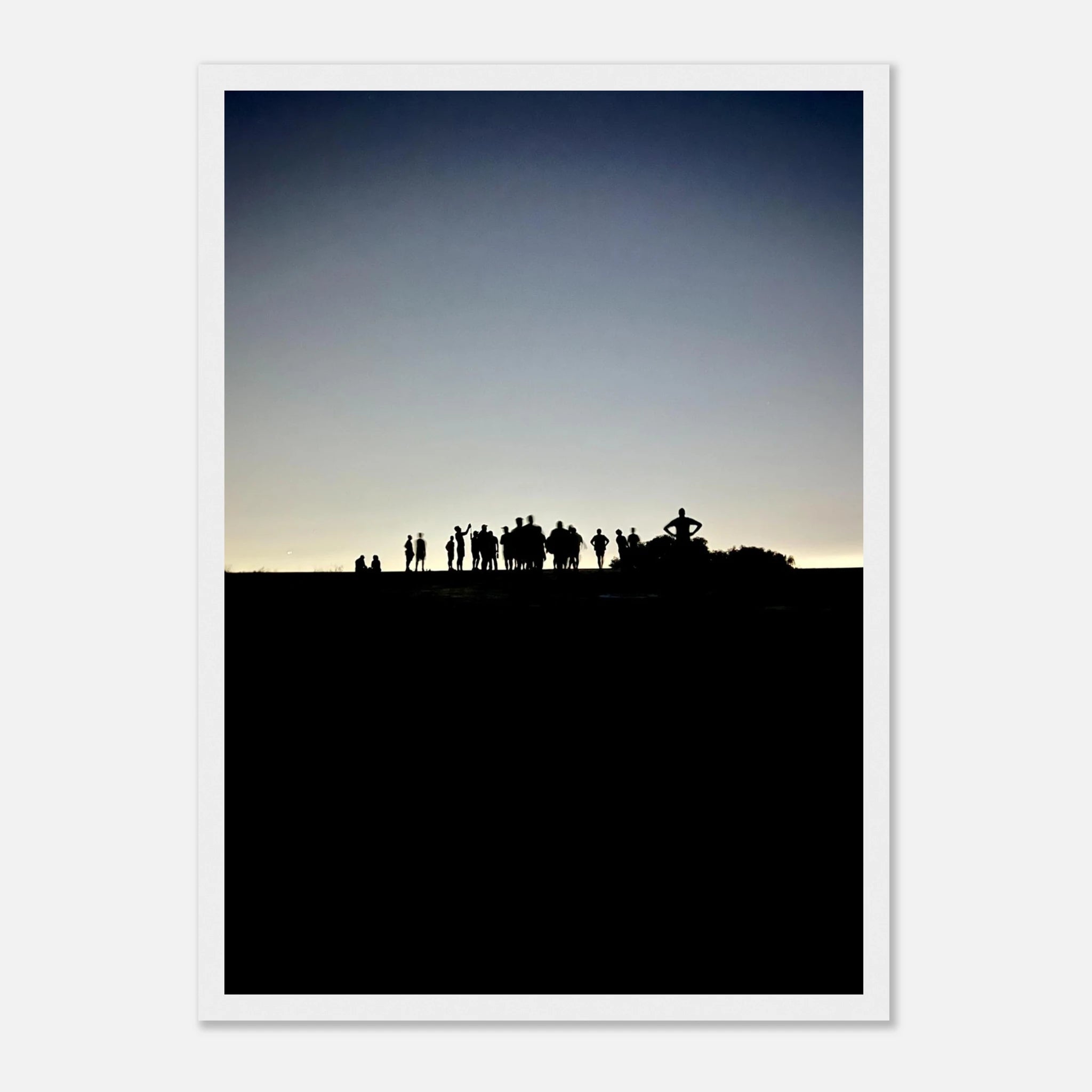 Black and white framed poster of Hollywood Hills at sunset, featuring mystical city lights, California scenery, by Studio Edition.