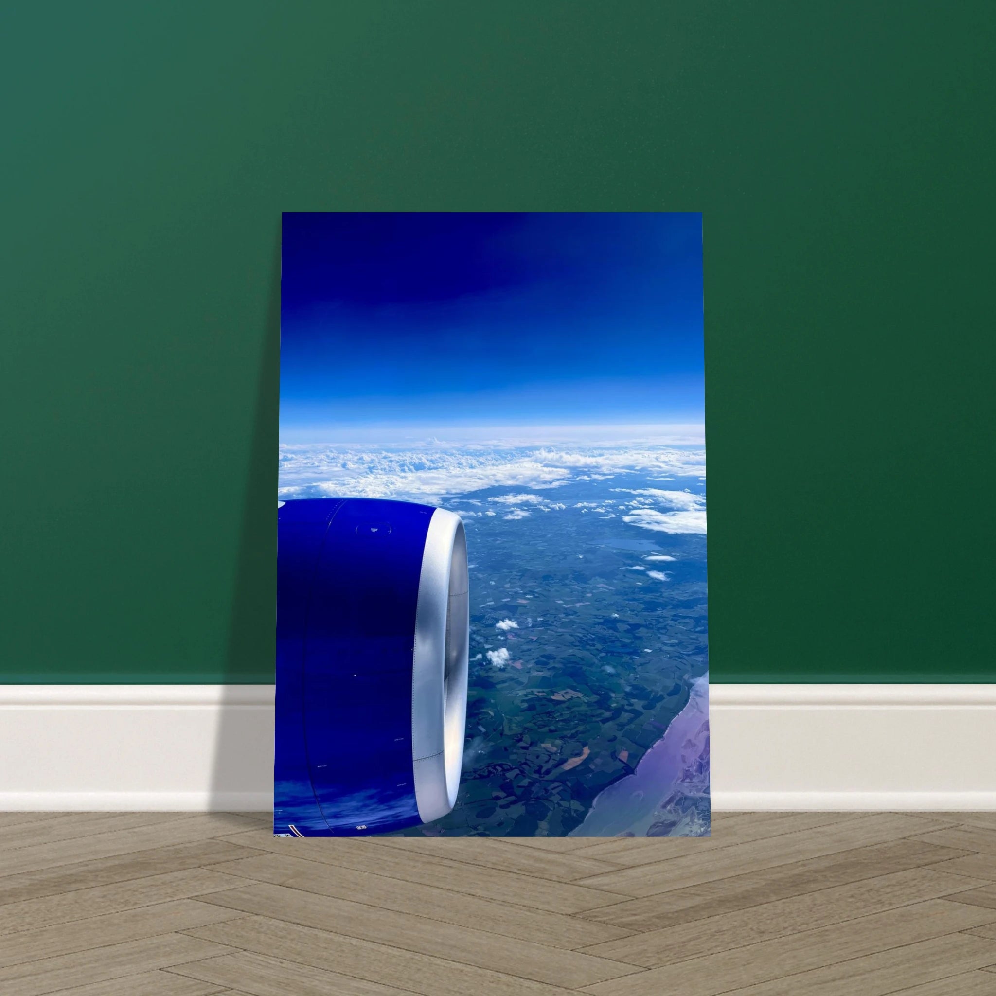 Aluminum print of a cross-Atlantic airplane turbine view from the travel collection, depicting a detailed aerial travel scene.