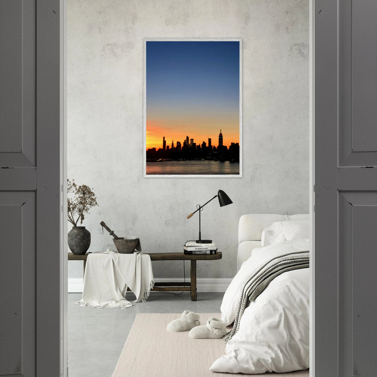 Manhattan Skyline Sunset framed poster featuring New York City wall art in print material, showcasing a vibrant cityscape at dusk.