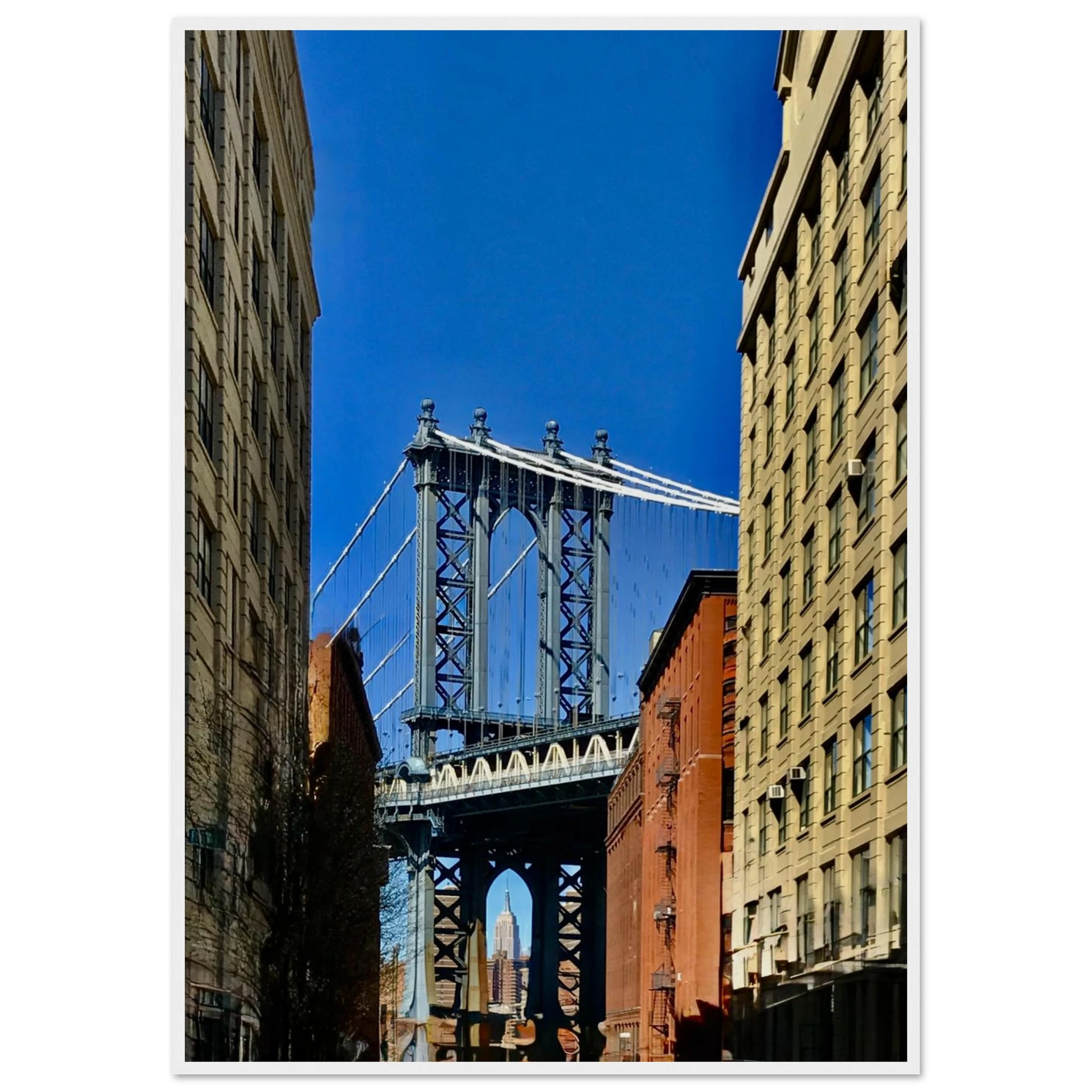 NYC Dumbo skyline wooden framed print by CaliCuration, featuring spring day cityscape wall art from the Travel Collection.