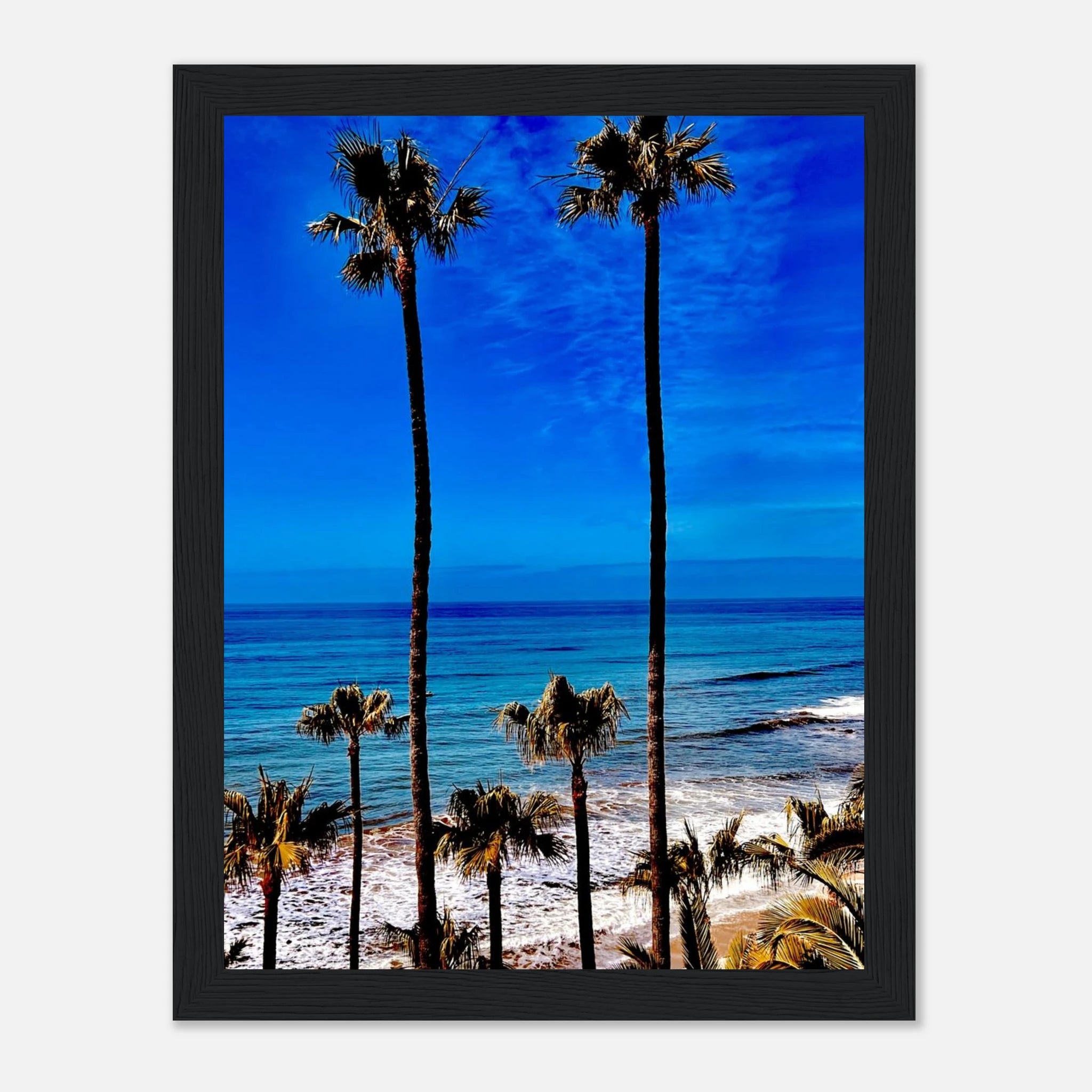 Malibu Palm Tree Family framed poster by CaliCuration showing a California art print with colorful palm trees and spring scenery.