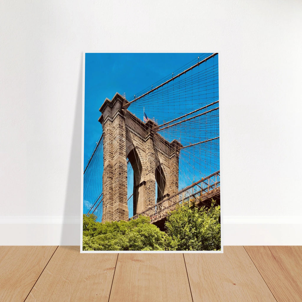 Framed NYC Brooklyn Bridge poster featuring a Dumbo view, showcasing iconic New York City skyline and bridge from the travel collection.