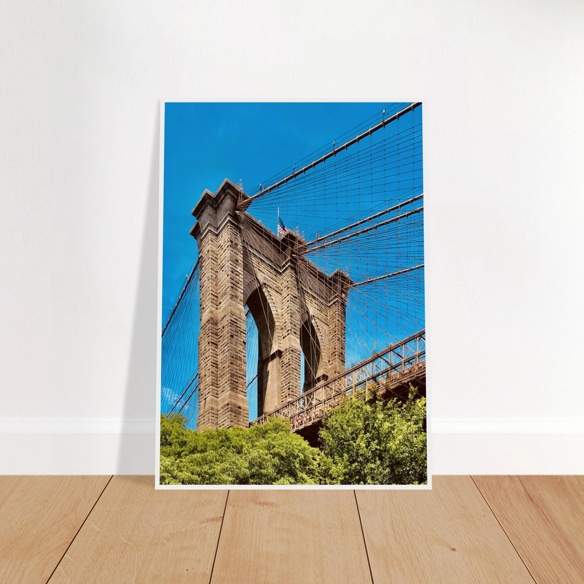 Framed NYC Brooklyn Bridge poster featuring a Dumbo view, showcasing iconic New York City skyline and bridge from the travel collection.