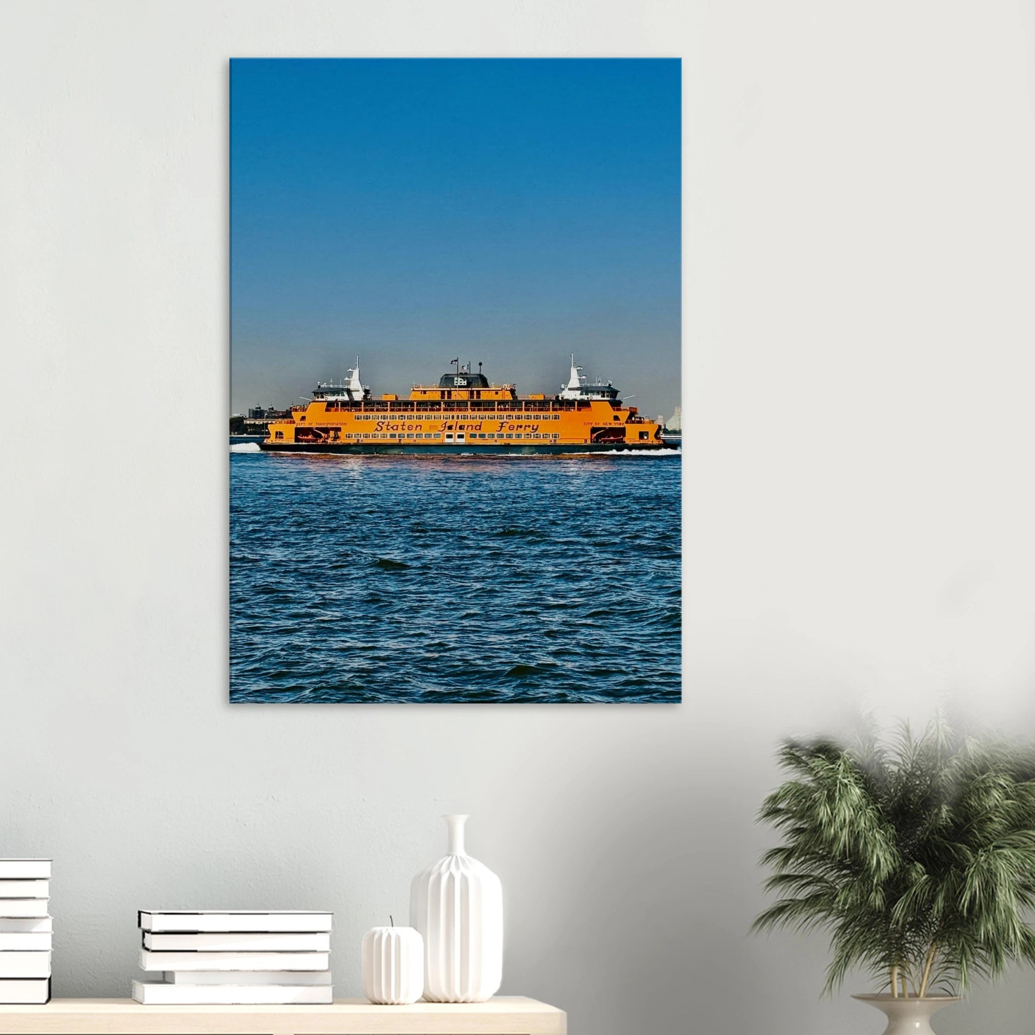 CaliCuration NYC Skyline canvas print featuring the Staten Island Ferry, part of the Travel Collection, studio edition artwork.