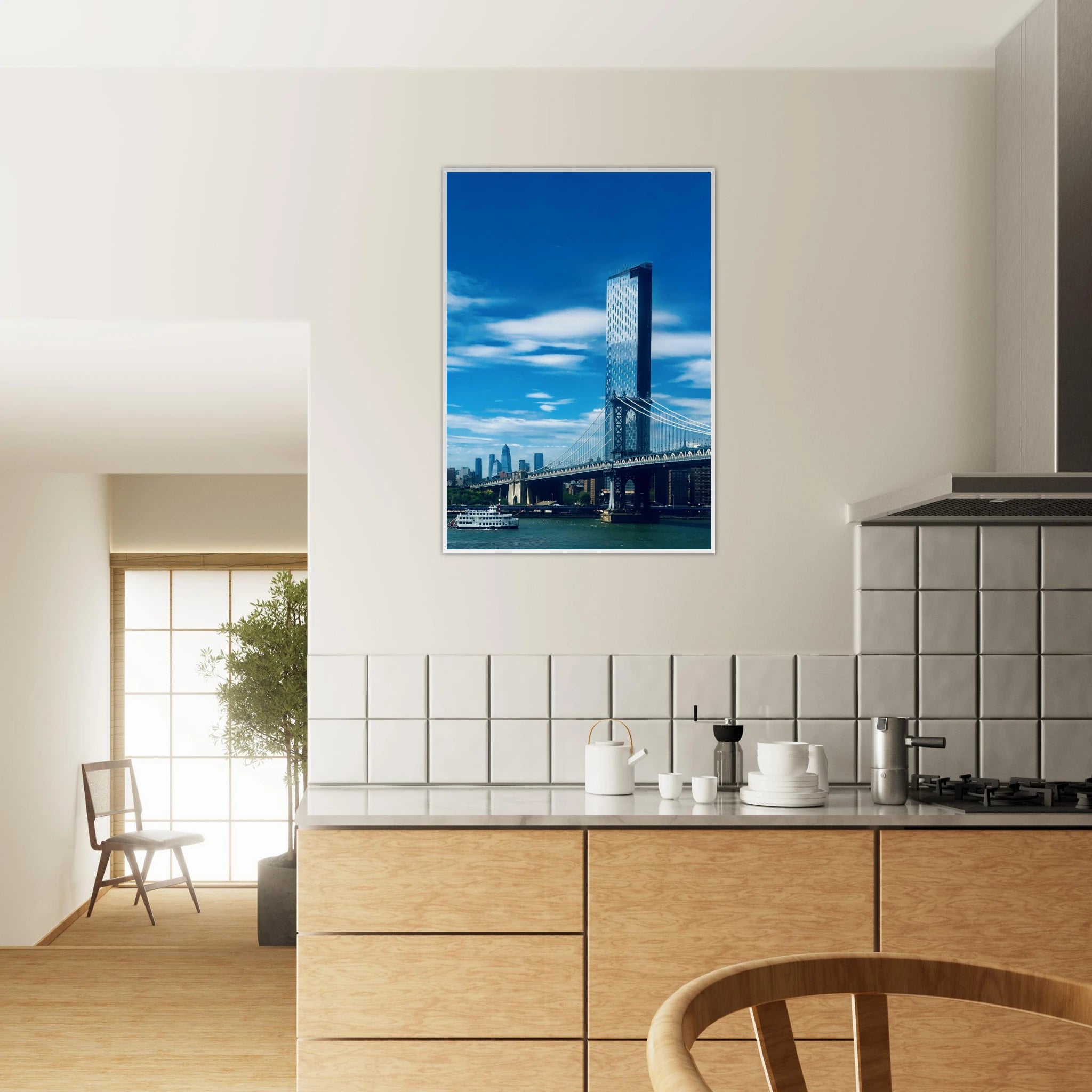 Framed NYC Manhattan Bridge and East River urban photography print, showcasing iconic New York City skyline and bridge details.