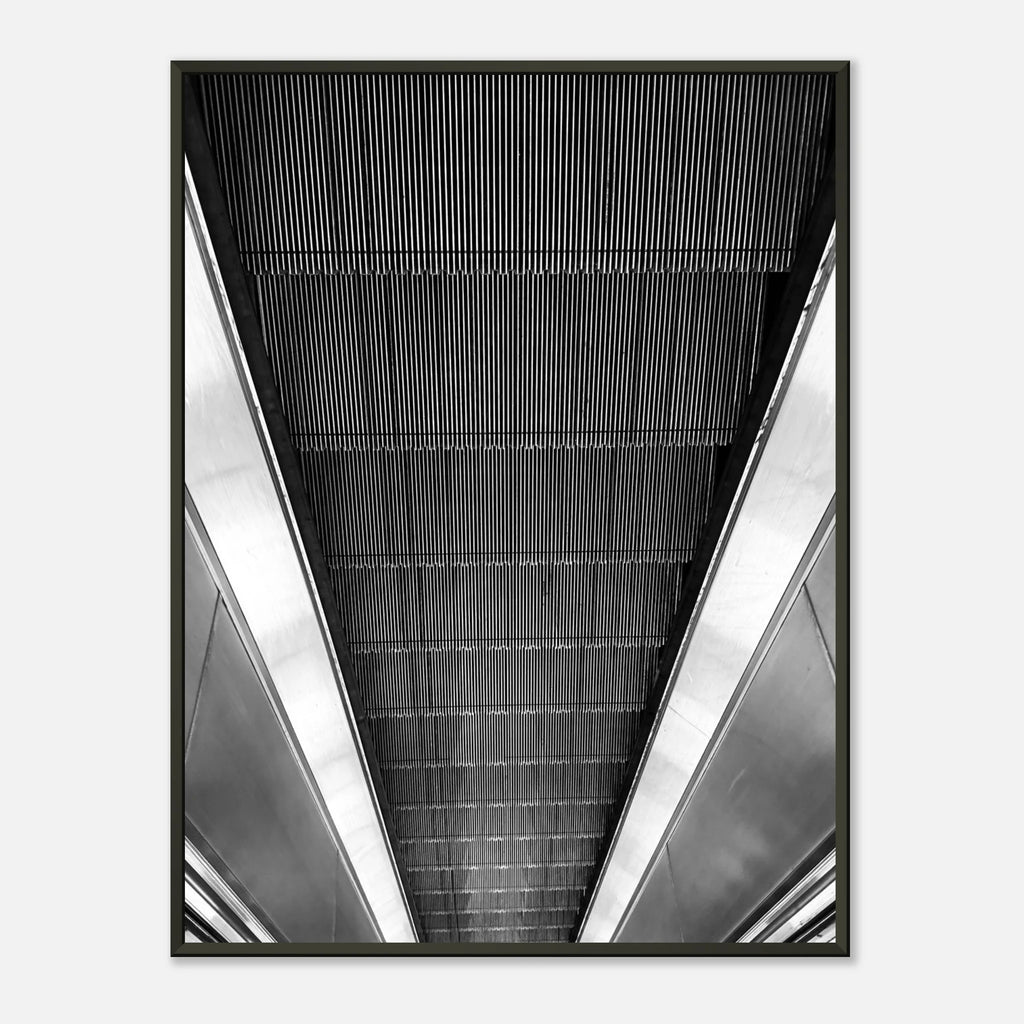 Black and white framed print of London Tube escalator abstract artwork from the Travel Collection by My Store.