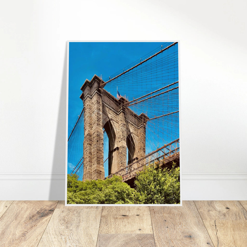 Framed NYC Brooklyn Bridge poster featuring a Dumbo view, part of the Studio Edition Travel Collection, on high-quality print material