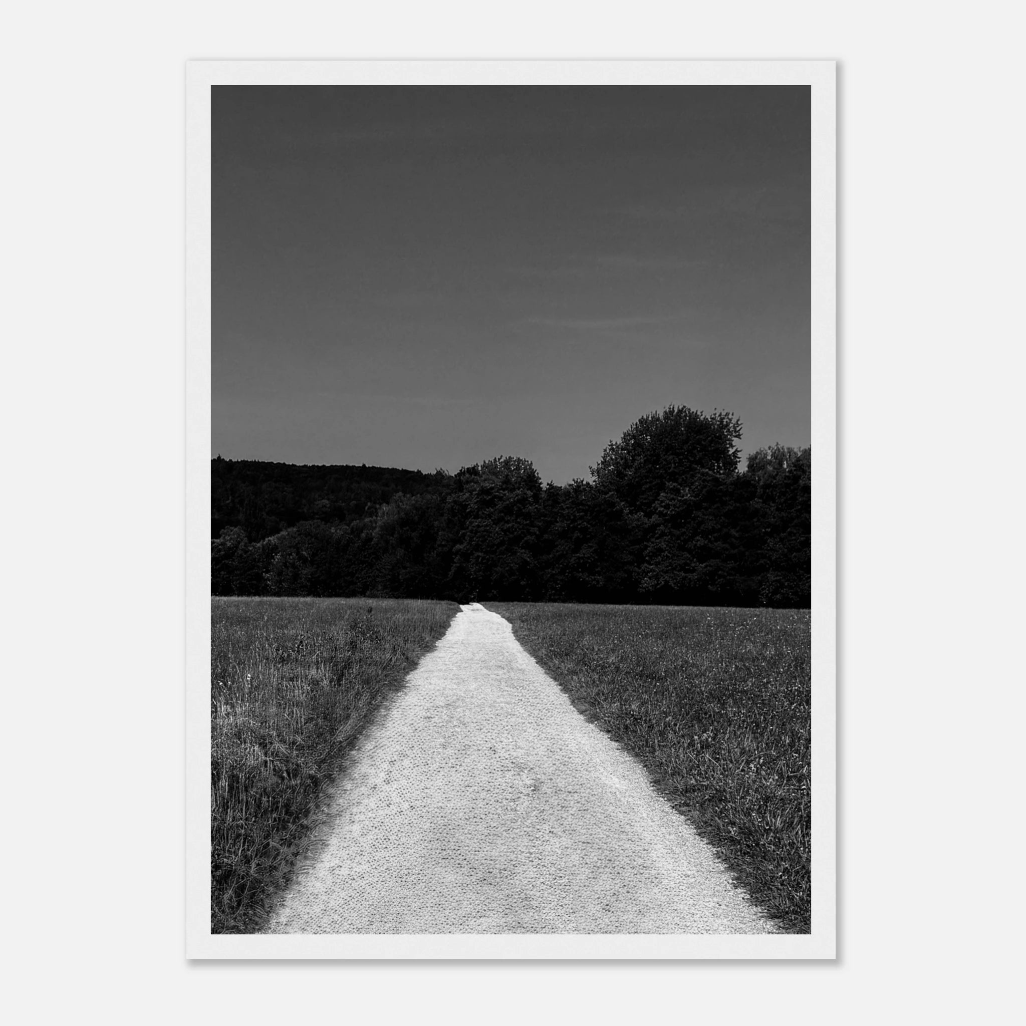 Black and white framed poster of a summer road scene from the Travel Collection, printed on semi-glossy paper, Studio Edition.