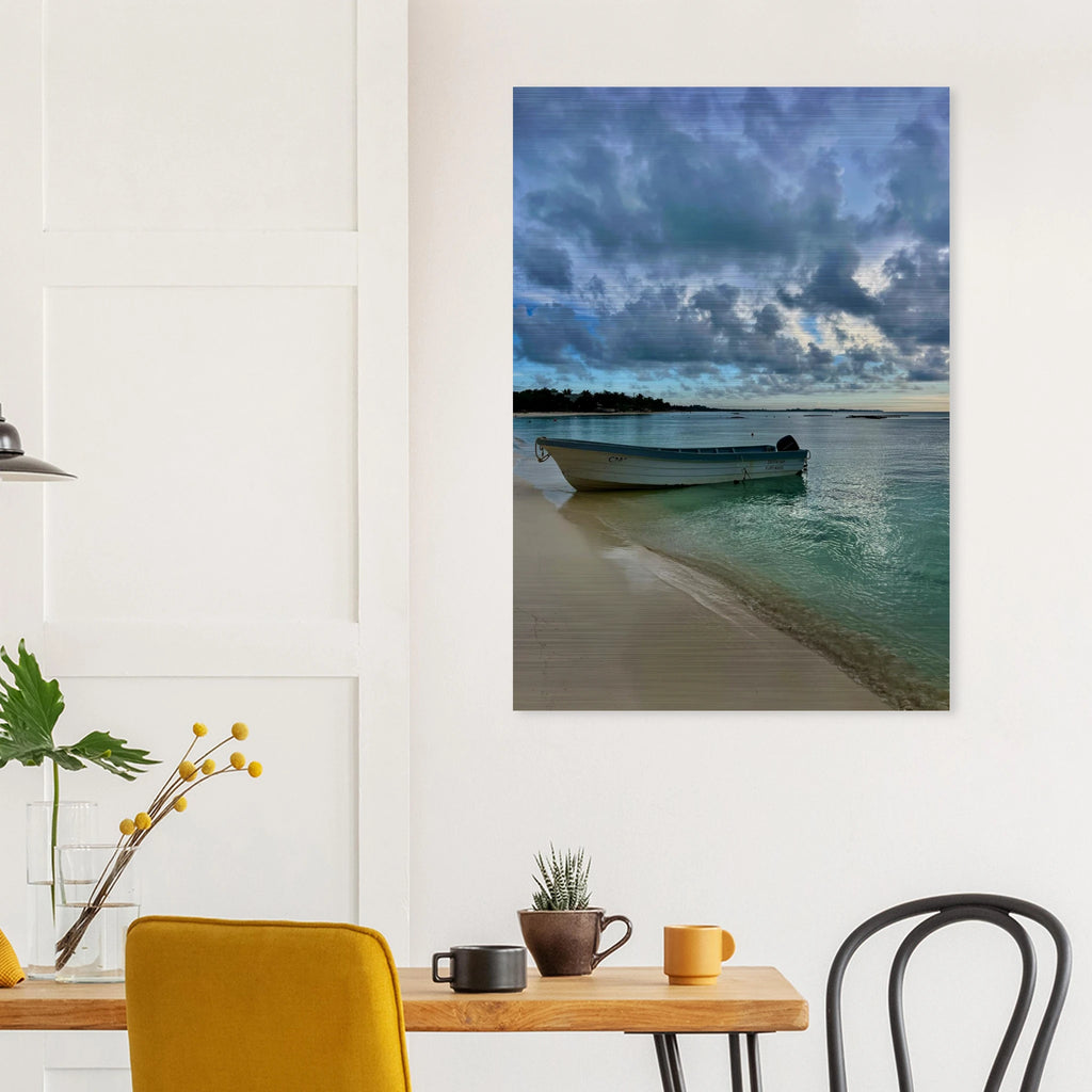 Brushed aluminum print of a calm Caribbean beach scene with a fisherboat from the Idyllic Tulum Travel Collection by CaliCuration