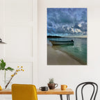 Brushed aluminum print of a calm Caribbean beach scene with a fisherboat from the Idyllic Tulum Travel Collection by CaliCuration