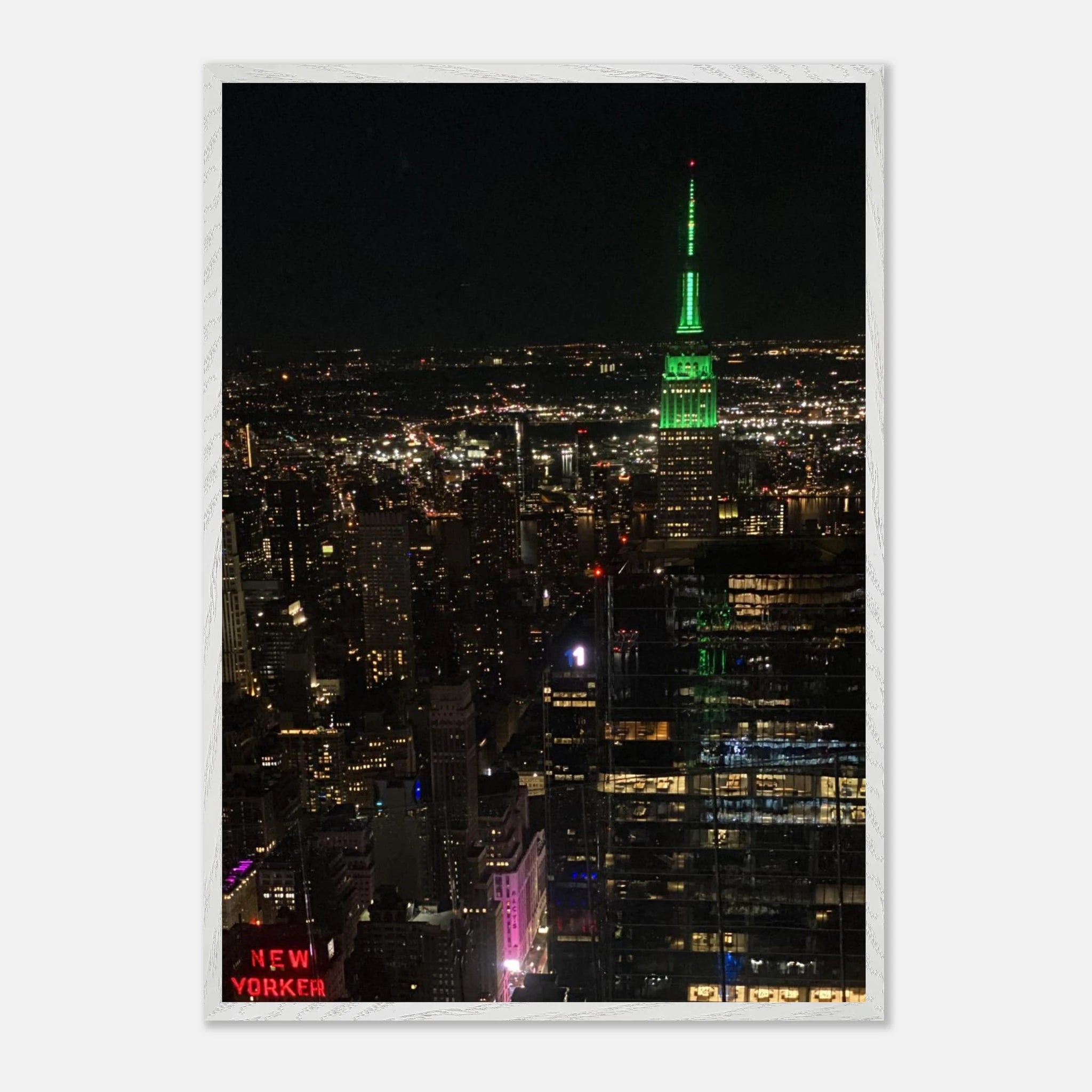 Wood mounted framed poster of NYC downtown night view with Empire State Building, part of the Studio Edition Travel Collection.