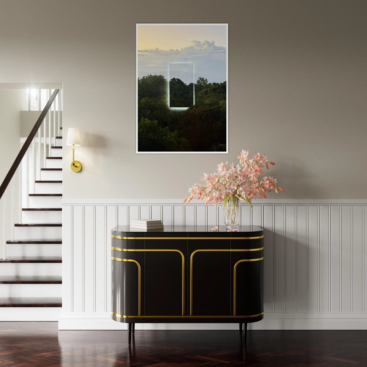 Color print of "A Window into Jungle Stillness" by CaliCuration, showcasing lush jungle scenery in this exclusive edition artwork.