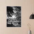 Black and white framed print of Upstate NY summer lake scene from the Travel Collection Studio Edition, perfect for home decor.
