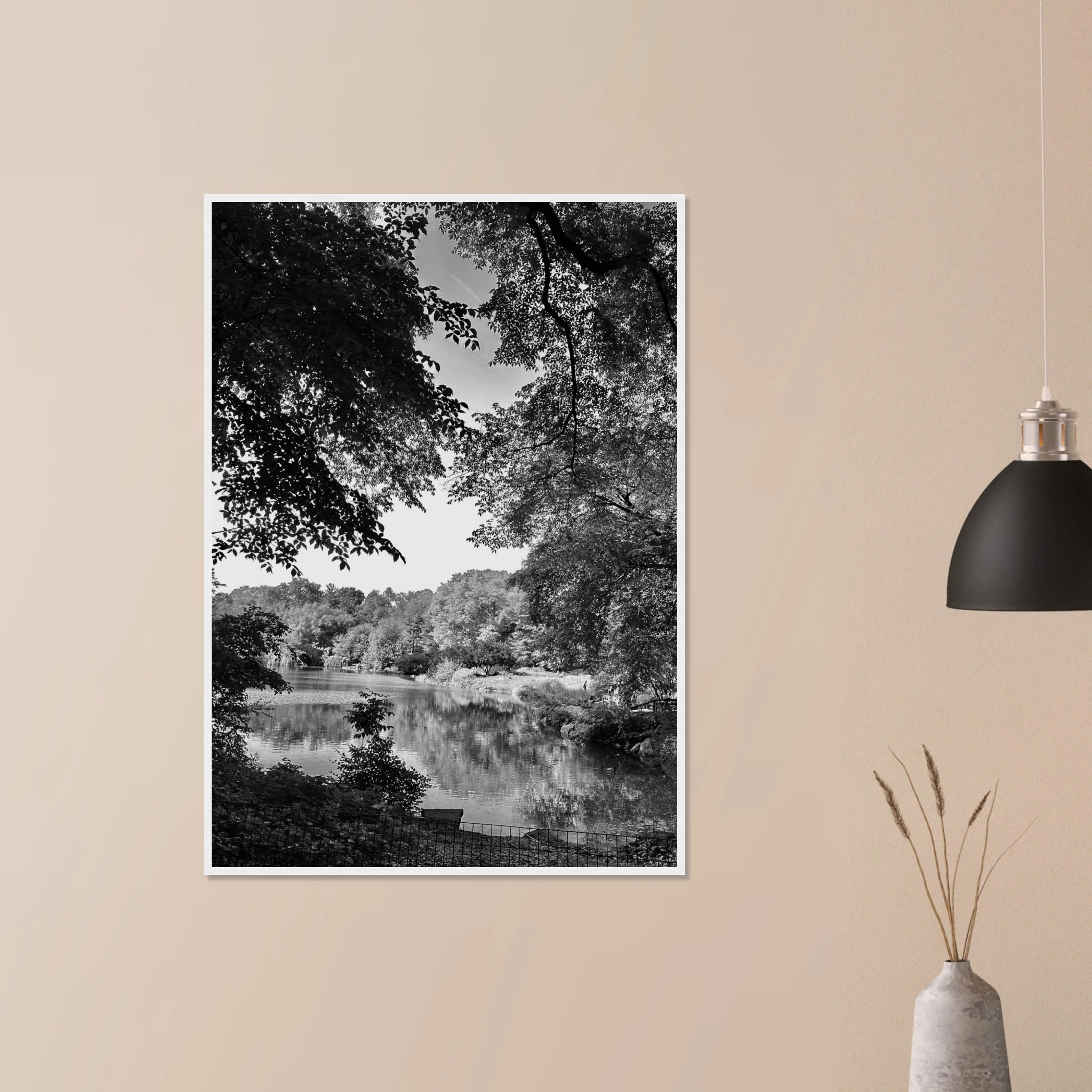 Black and white framed print of Upstate NY summer lake scene from the Travel Collection Studio Edition, perfect for home decor.