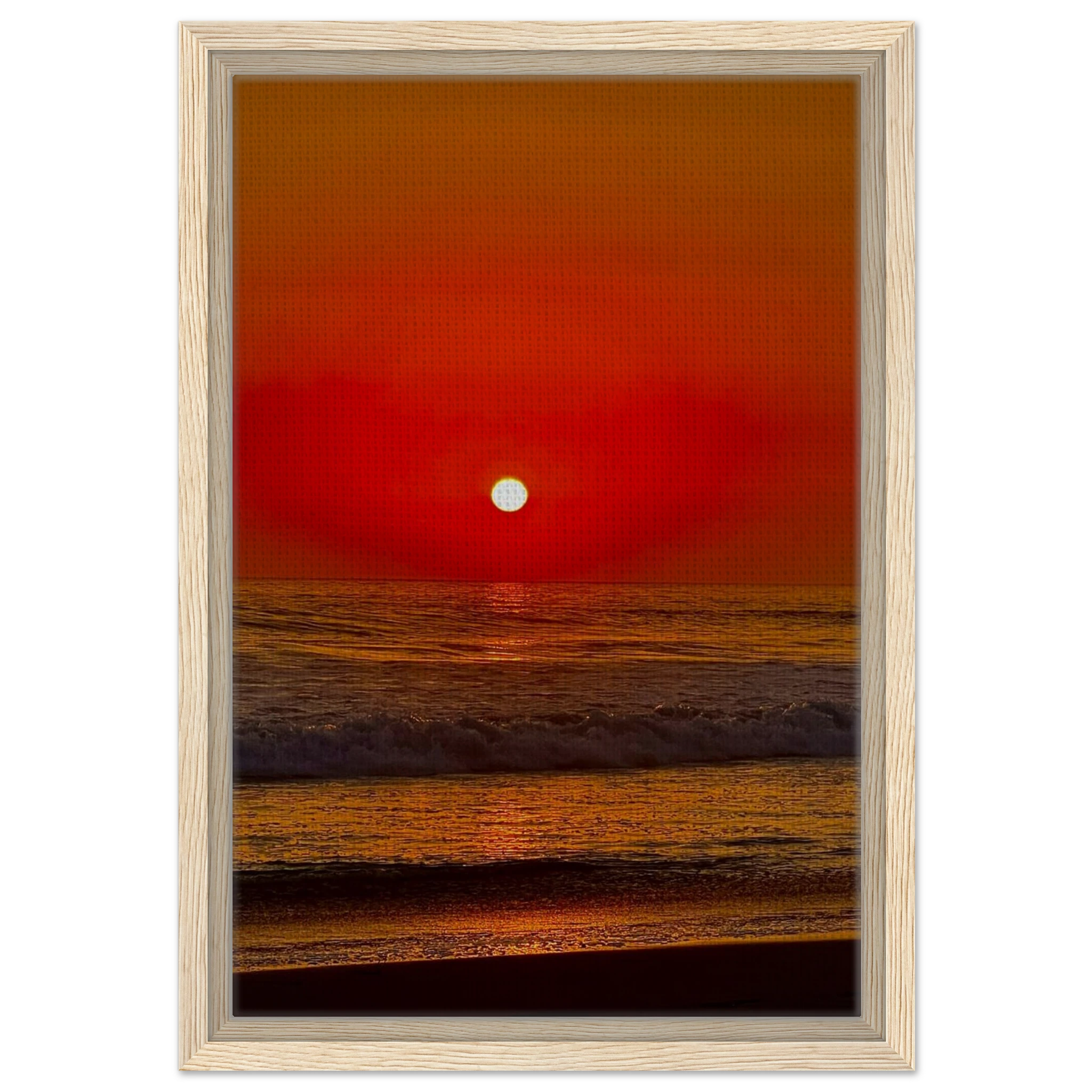 Framed canvas print of California Red Sunset Series 2/3 by CaliCuration featuring vibrant red sunset hues in a studio edition.