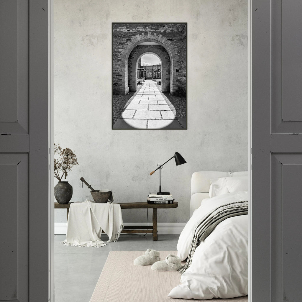 Black and white Cotswolds Estate aluminum framed poster featuring summer light and shadows, part of the Studio Edition travel art collection.