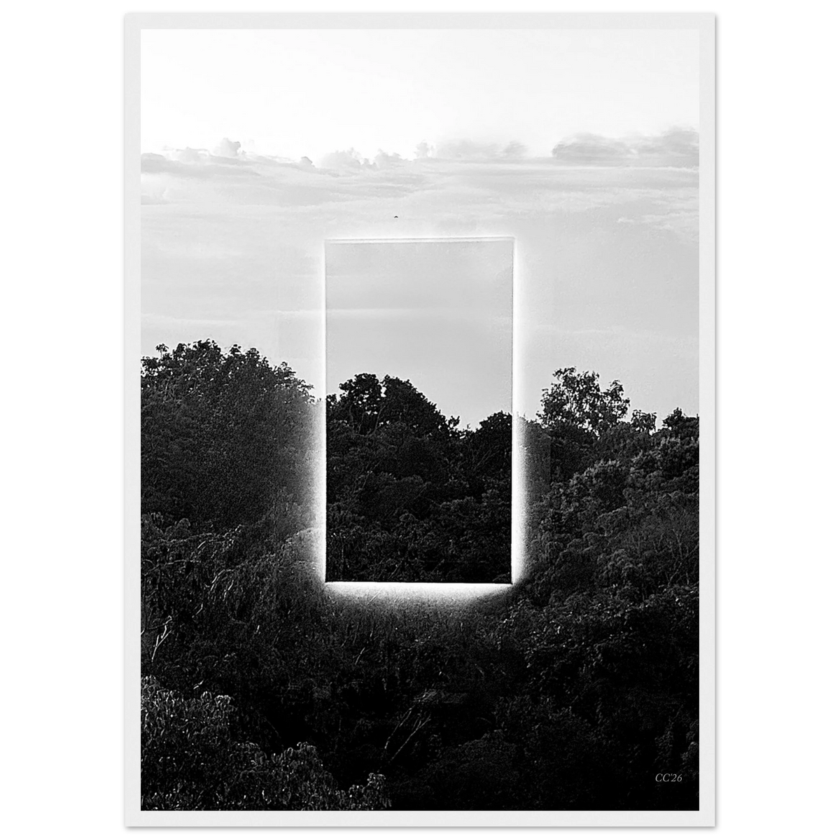 Black and white print titled "A Window into Jungle Stillness" by CaliCuration, showcasing a tranquil jungle scene.