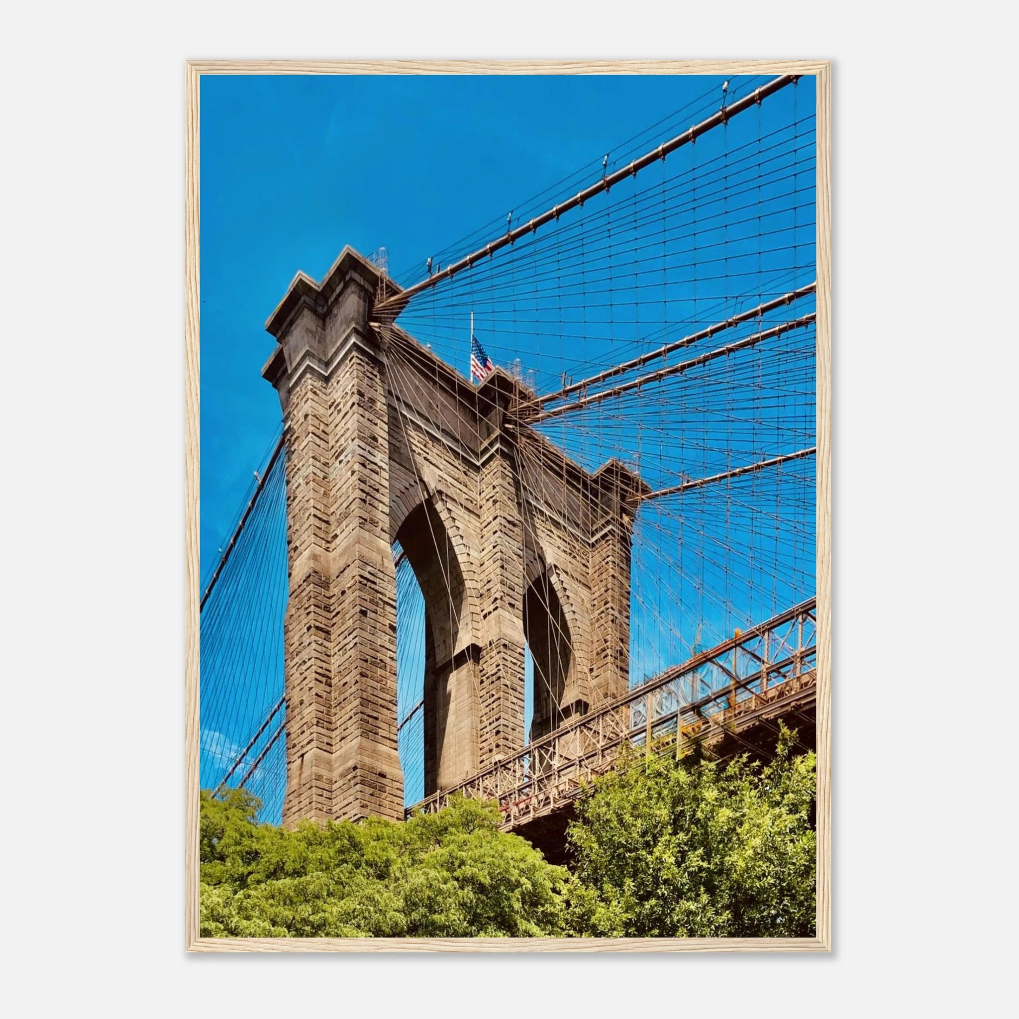 Framed NYC Brooklyn Bridge poster featuring a vibrant Dumbo view, perfect for travel decor, Studio Edition print from My Store.
